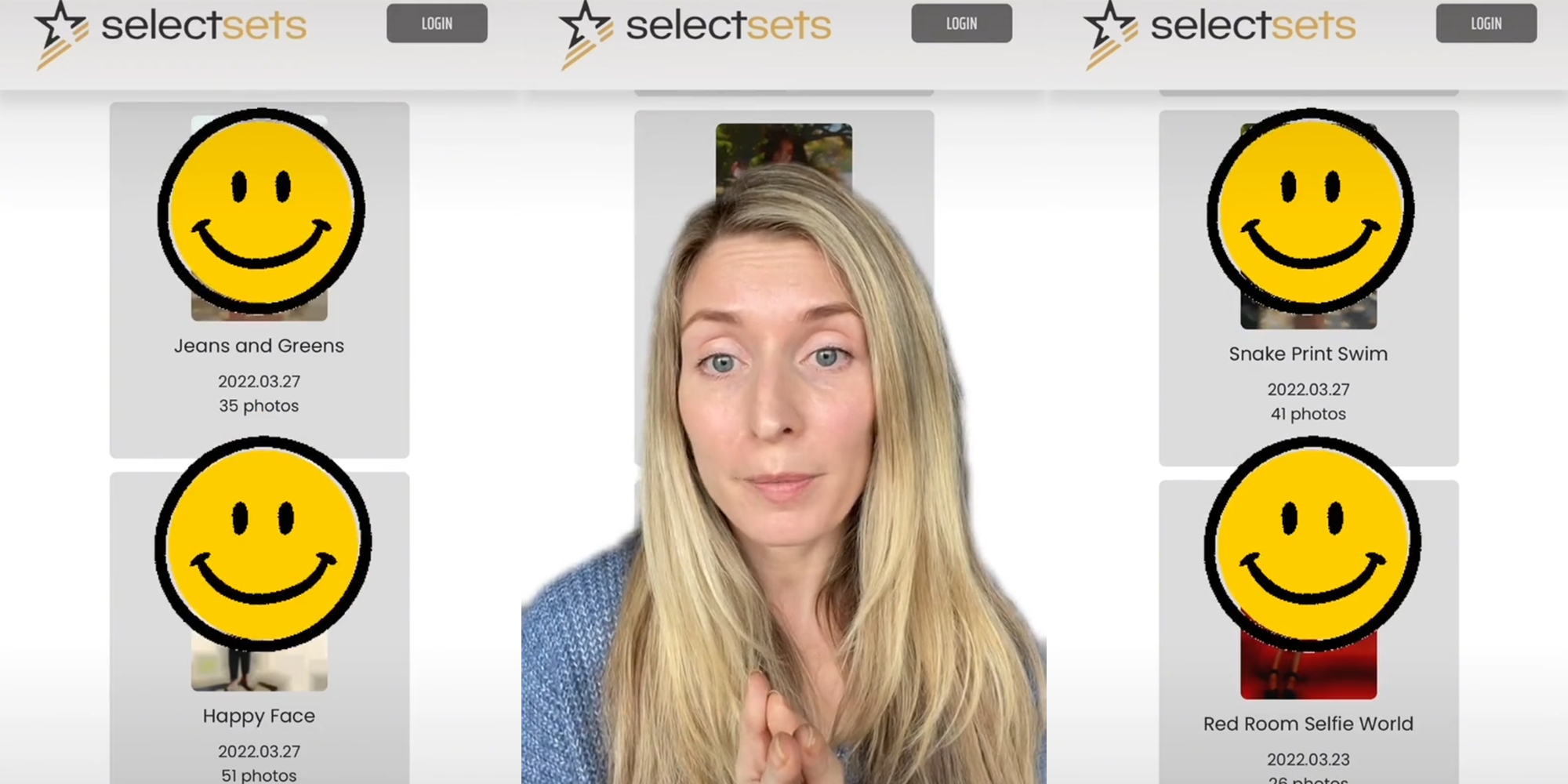 woman in front of photoset background with smiley faces obscuring child's face