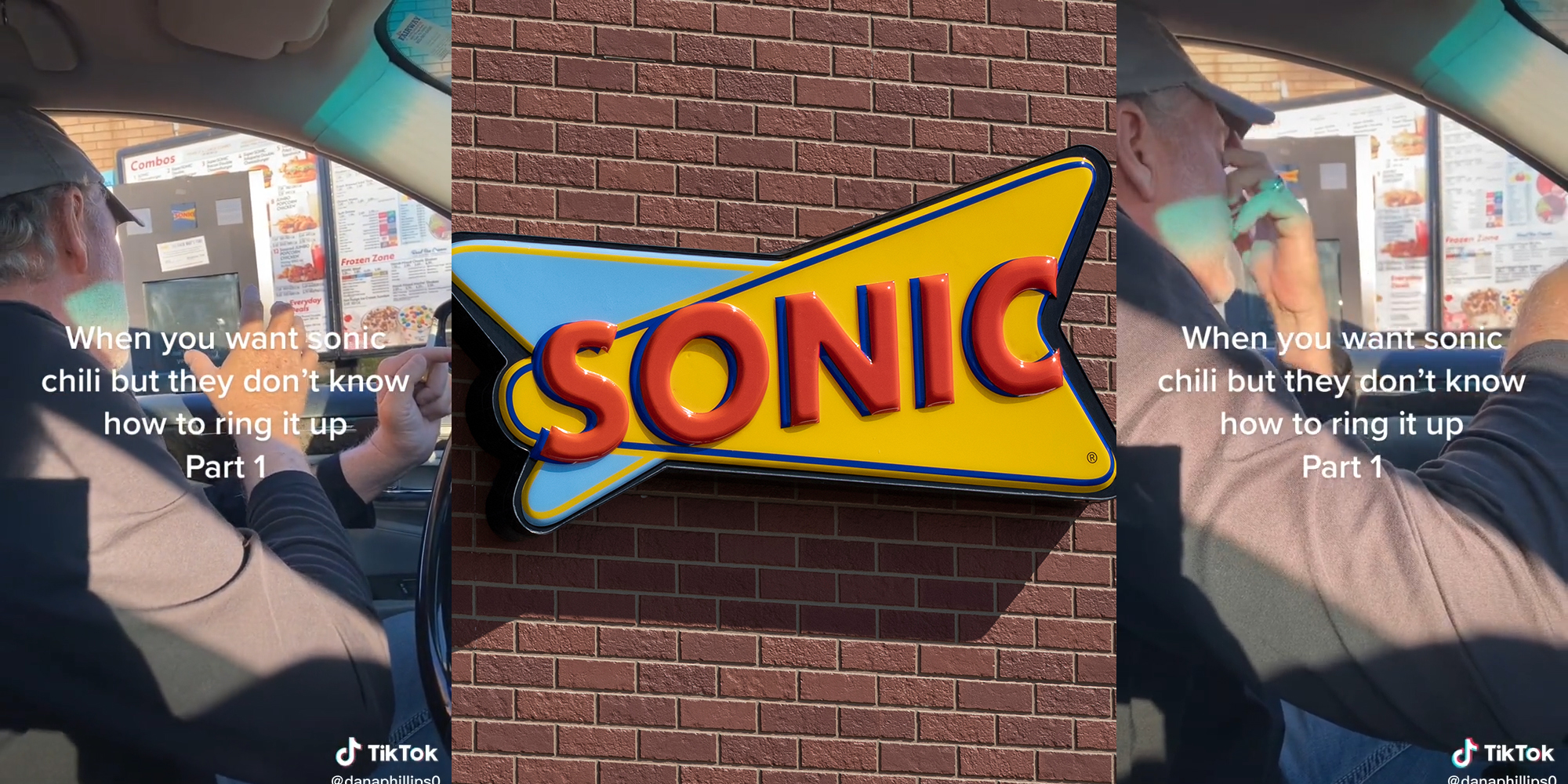 man in drive-thru with caption "when you want sonic chili but they don't know how to ring it up Part 1" (l&r) sonic sign (c)