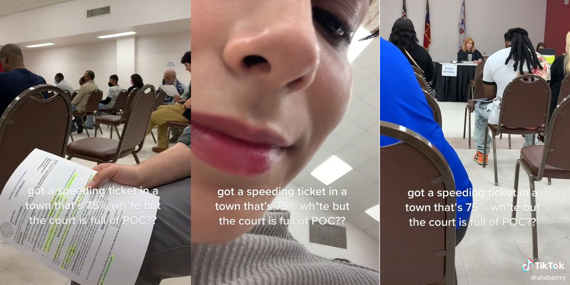 court seating with people sitting man sitting holding paper caption "got a speeding ticket in a town that's 75% white but the court is full of POC?" (l) Woman face caption "got a speeding ticket in a town that's 75% white but the court is full of POC?" (c) court room with judge and people seated caption "got a speeding ticket in a town that's 75% white but the court is full of POC?" (r)
