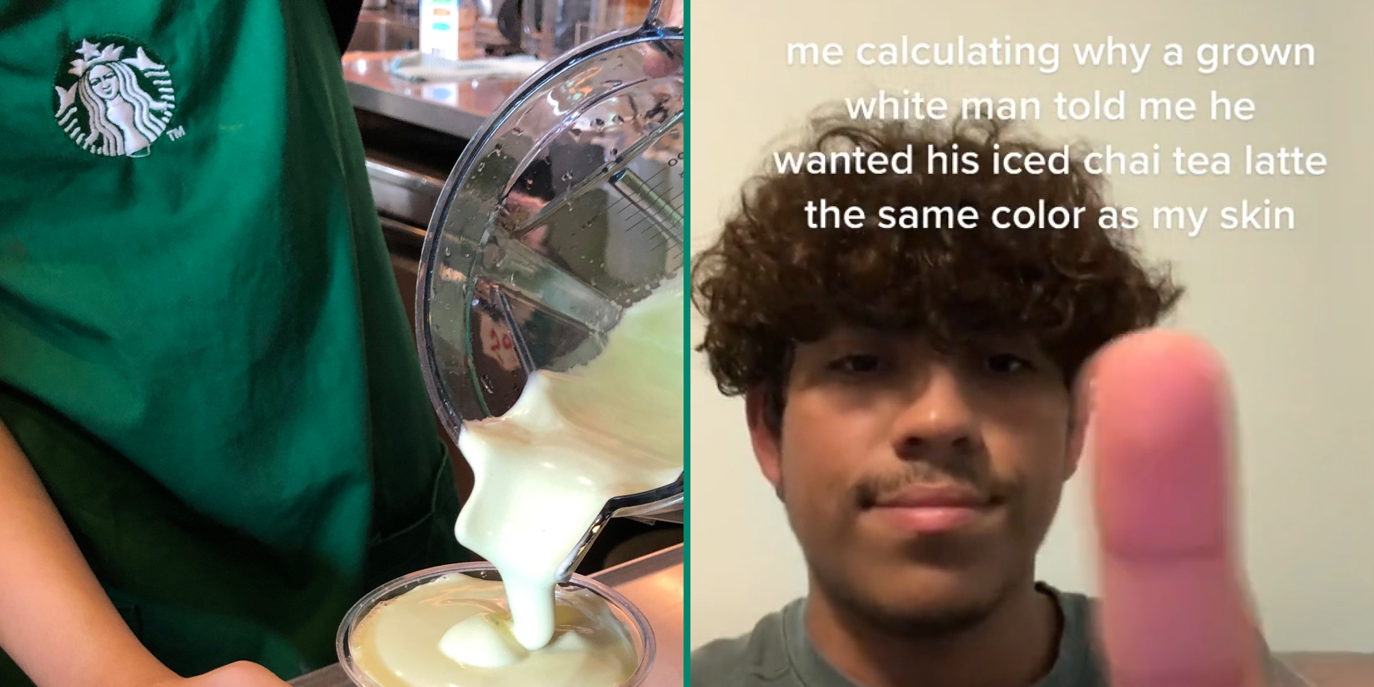 Starbucks barista with apron on making drink (l) Starbucks barista finger on screen caption "me calculating why a grown white man told me he wanted his iced chai tea latte the same color as my skin" (r)