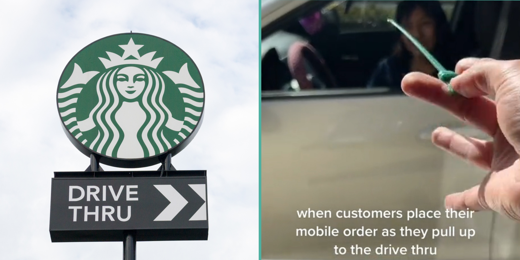 Starbucks Drive Thru sign with sky behind (l) Starbucks drive thru window worker holding out stirring stick as a wand at customer at window in car caption "when customers place their mobile order as they pull up to the drive thru"