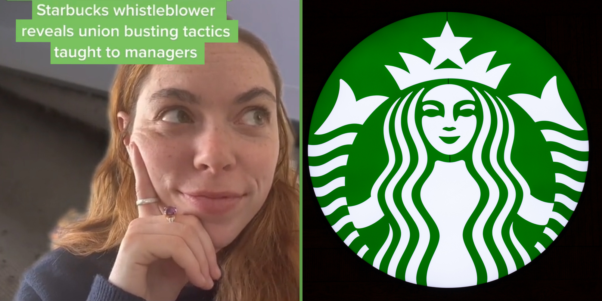 Woman on greenscreen tiktok video caption "starbucks whistleblower reveals union busting tactics taught to managers"(l) Starbucks logo on black background (r)