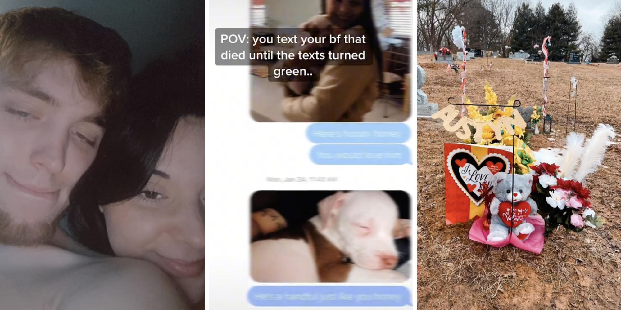 a couple taking a selfie (l) phone text screen (m) tombstone (r)