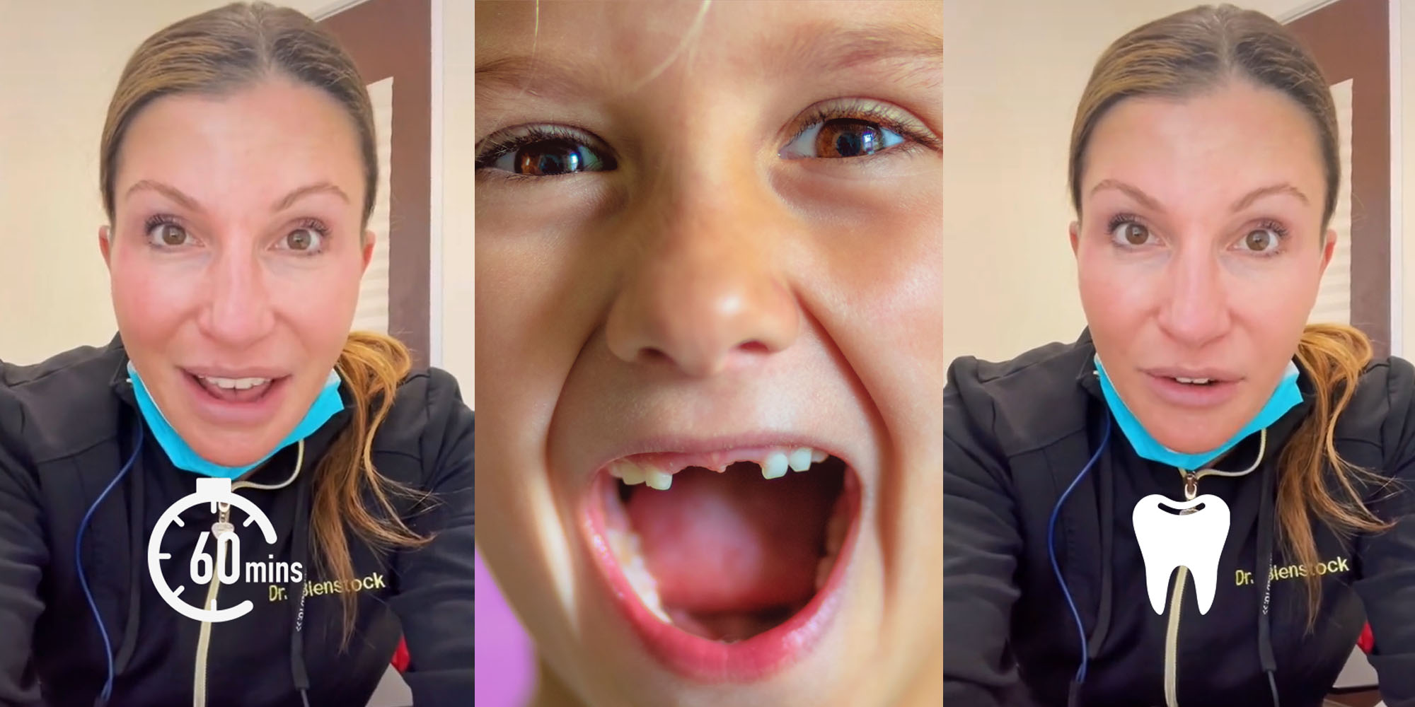 Dentist in uniform with 60 minute timer icon on her (l) little kid with two front teeth gone open mouth (c) Dentist in uniform with tooth icon (r)