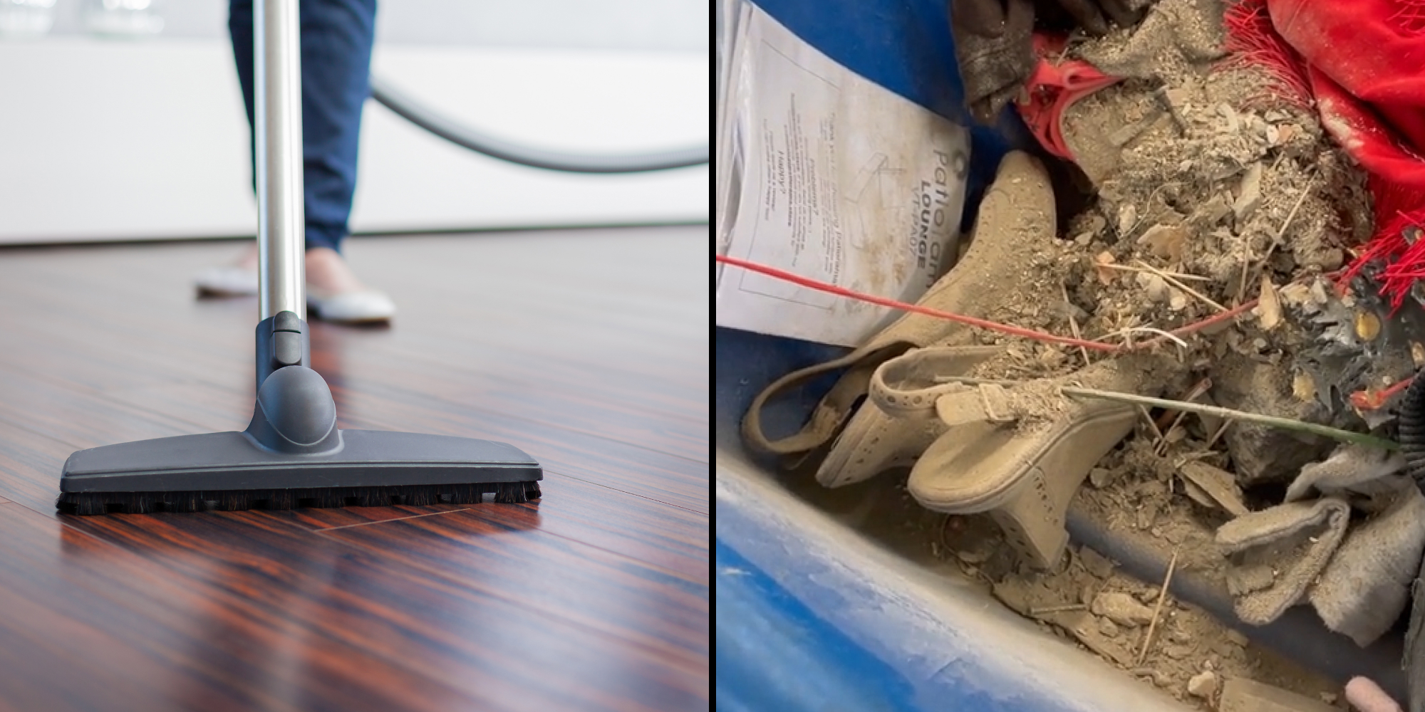 Vacuum cleaner on hardwood floor cleaning (l) Vacuum contents emptied into good will bin (r)