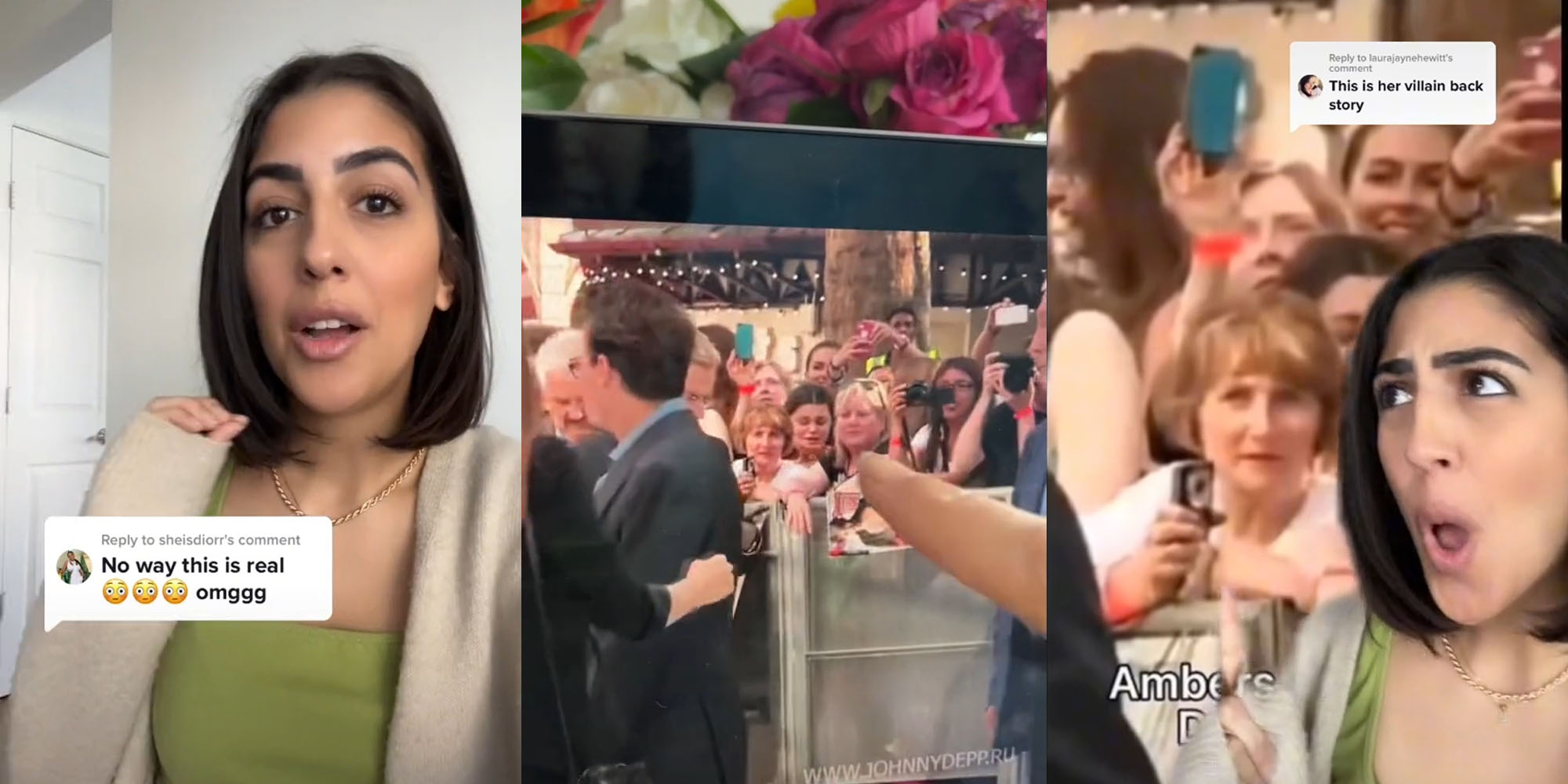 Woman talking hand up caption "No way this is real omggg" (l) crowd of people woman finger pointing to woman (c) woman greenscreen over other womans face caption "This is her villain backstory" (r)