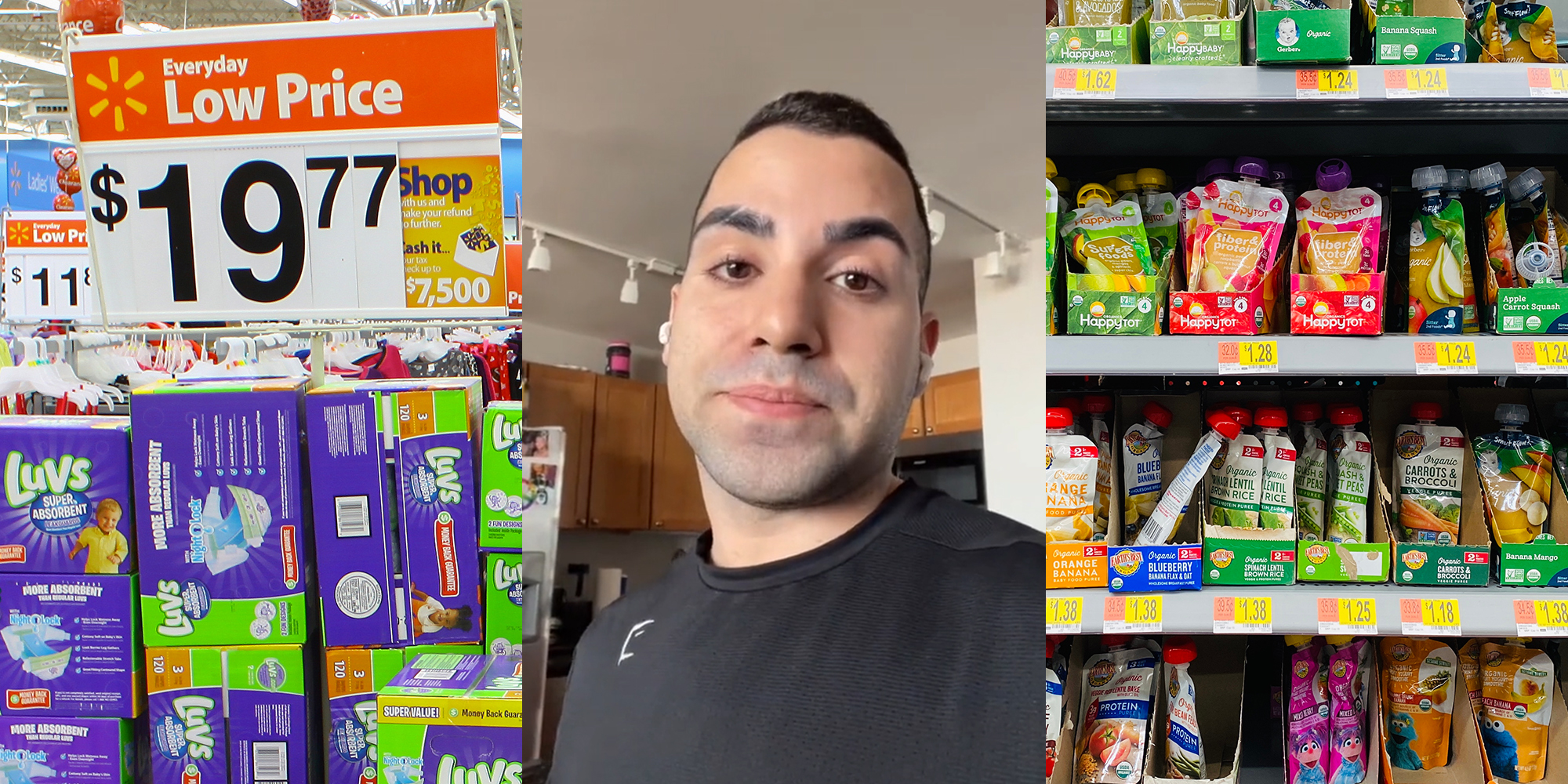 walmart sign over diapers (l) man in kitchen (c) baby food on shelves (r)