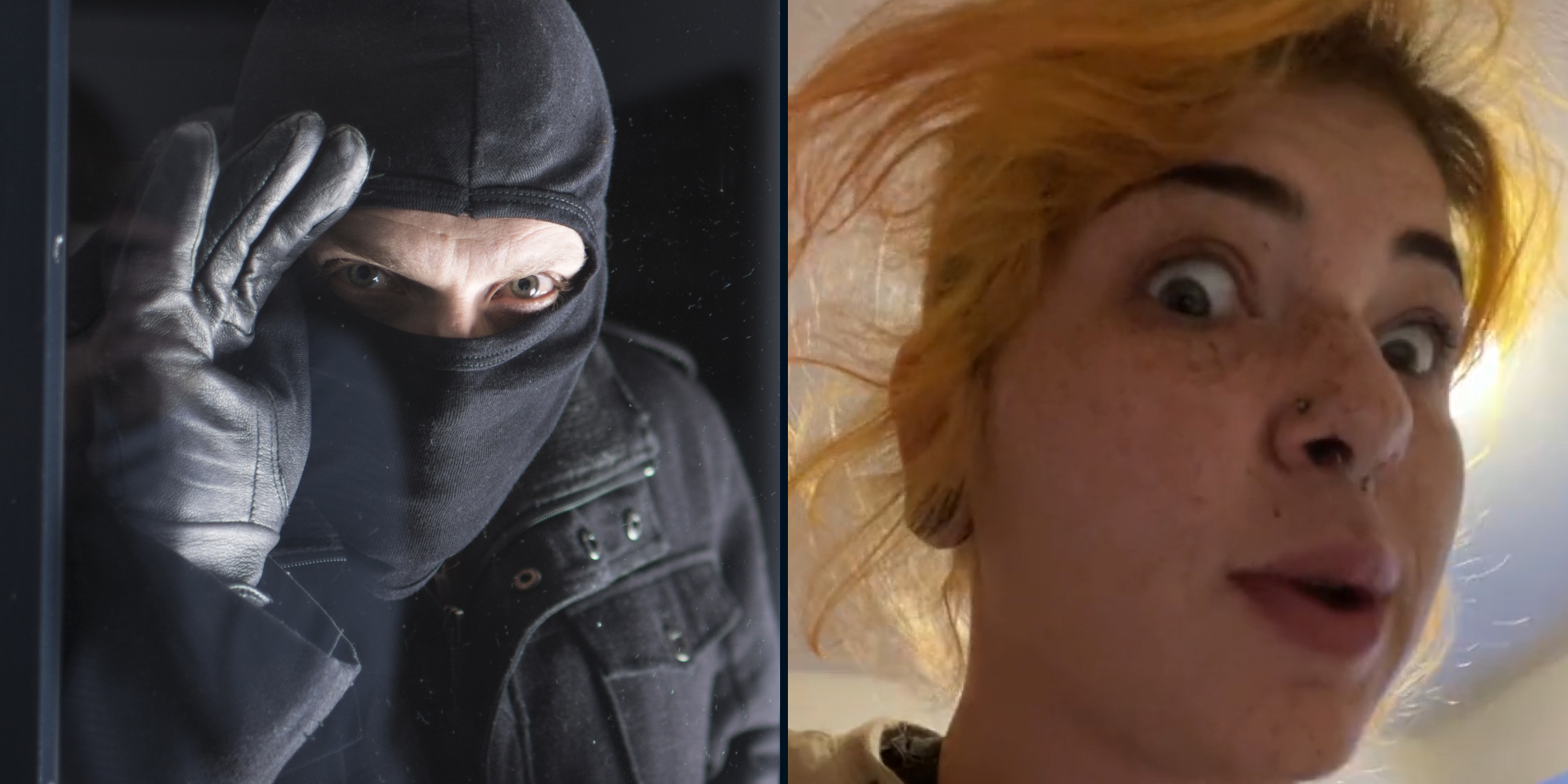 Man looking through window hand up to glass wearing all black (l) Woman shocked expression (r)