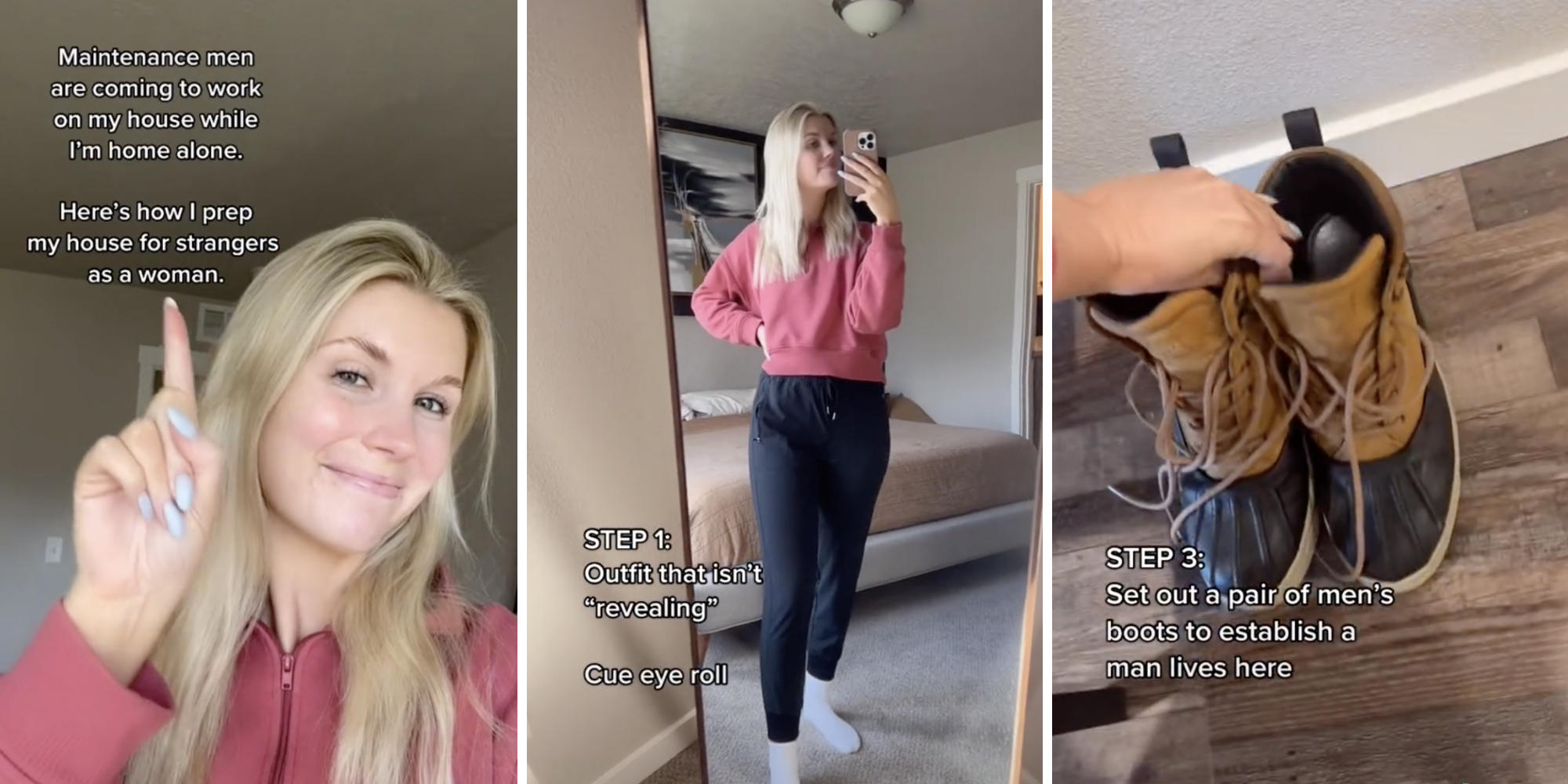 woman looking at camera (l) woman showing off plain outfit (m) woman placing shoes on floor (r)