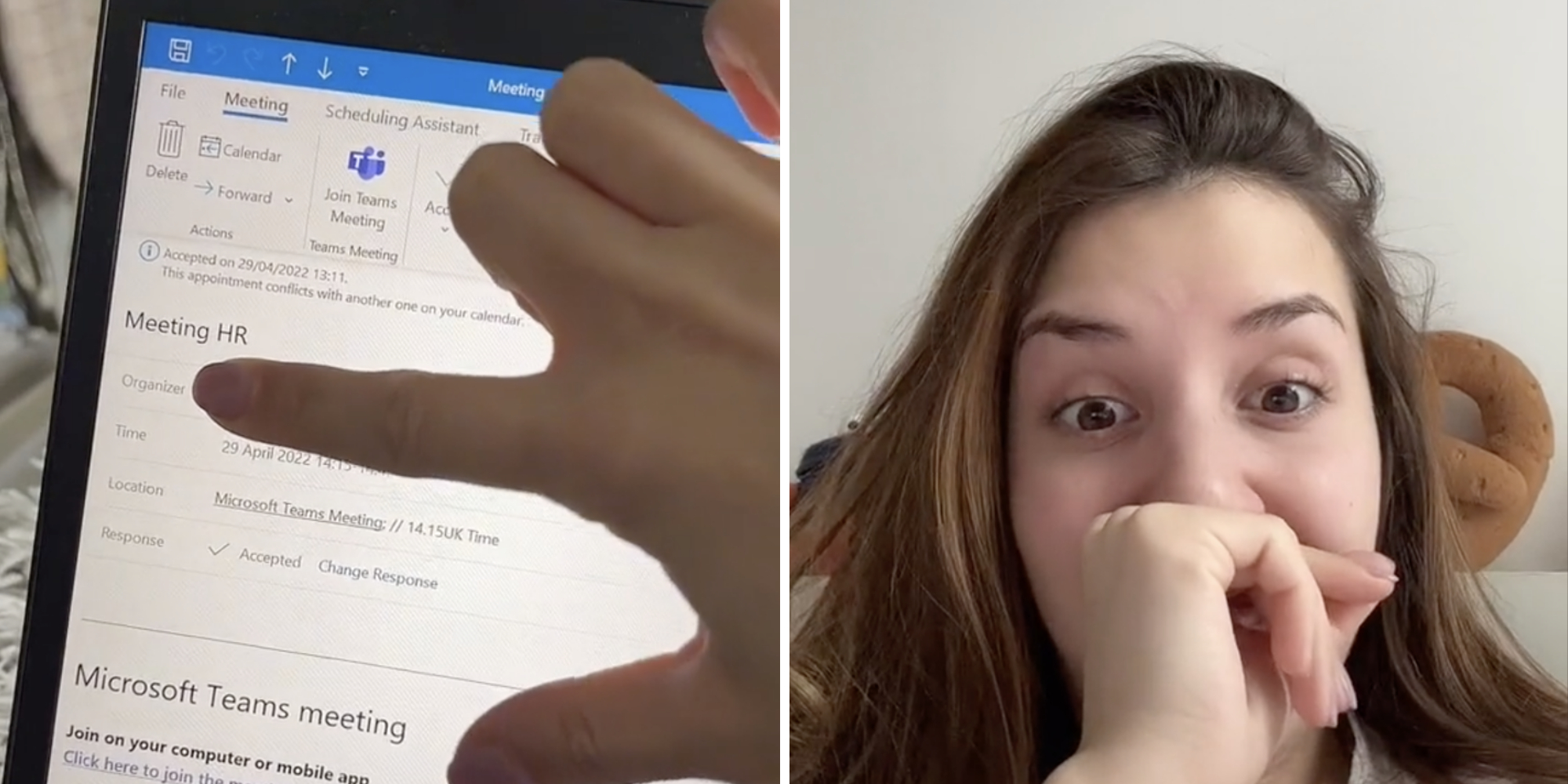 woman showing email on laptop (l) woman looking surprised (r)