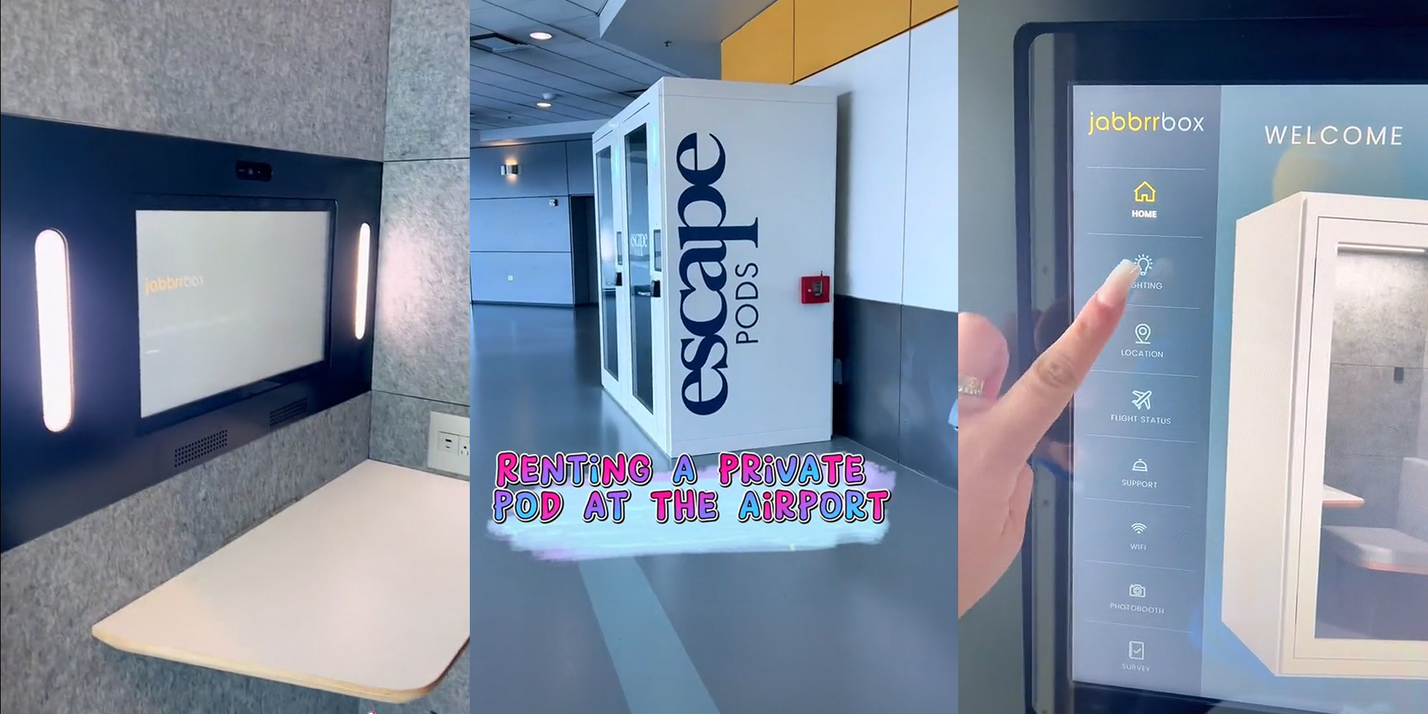 Interior of airport rental pod small table bench outlet and screen (l) Escape PODS airport pod exterior caption "Renting a private pod at the airport" (c) escape Pods touchscreen with female about to press lighting option (r)