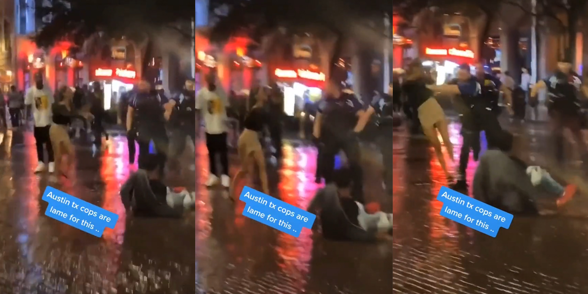 woman approaches police officer, gets shoved to the ground with caption "Austin tx cops are lame for this.."