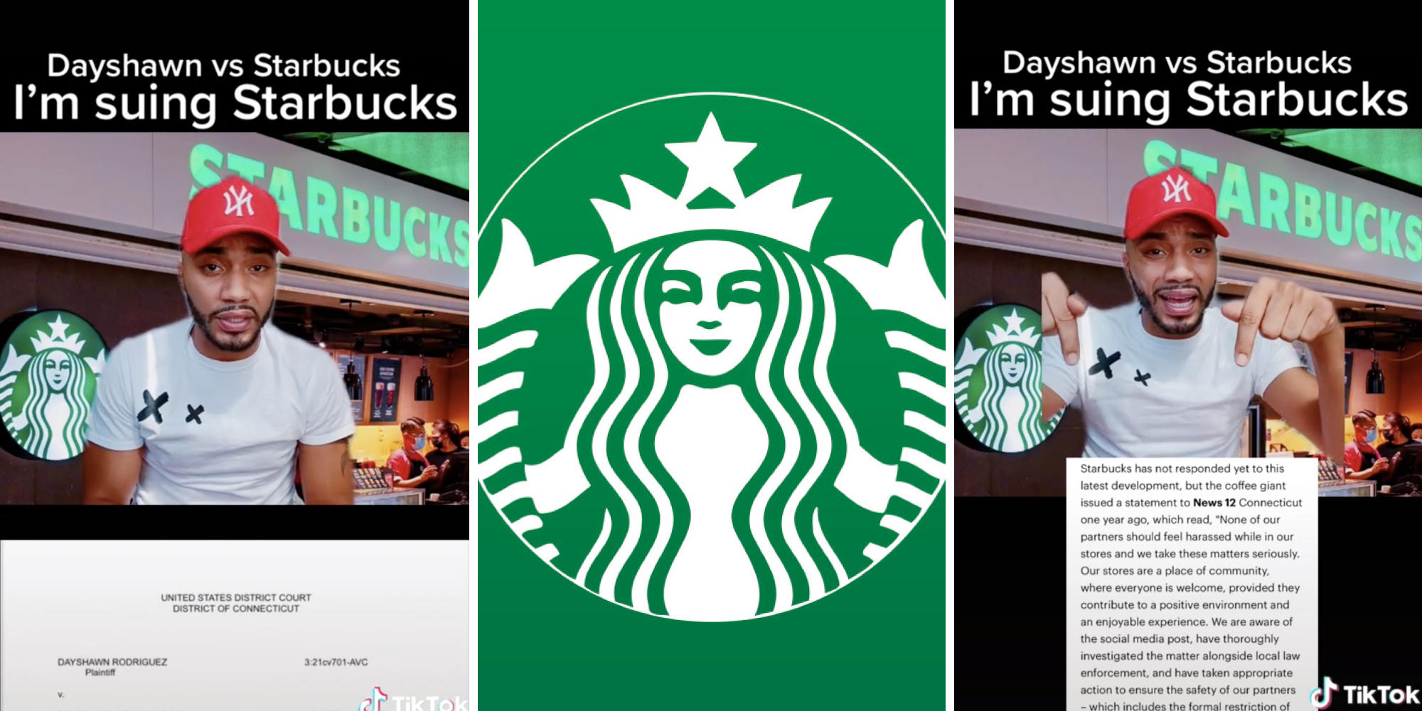 black man in hat in front of starbucks (l) starbucks logo (c) black man pointing to email (r)