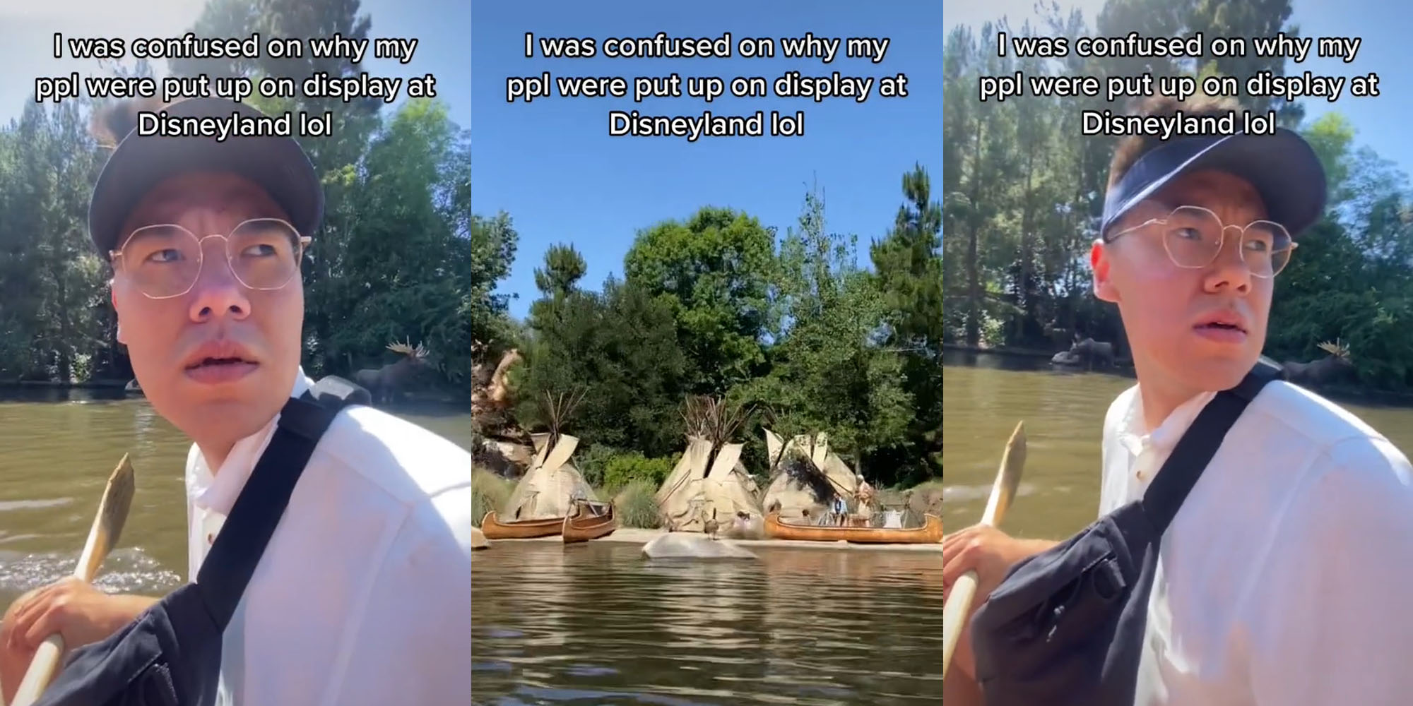 man on Disney boat ride caption "I was confused on why my ppl were put up on display at Disneyland lol" (l) Disney Land Native tribe near water caption "I was confused on why my ppl were put up on display at Disneyland lol" (c) Man on Disney boat ride caption "I was confused on why my ppl were put up on display at Disneyland lol" (r)