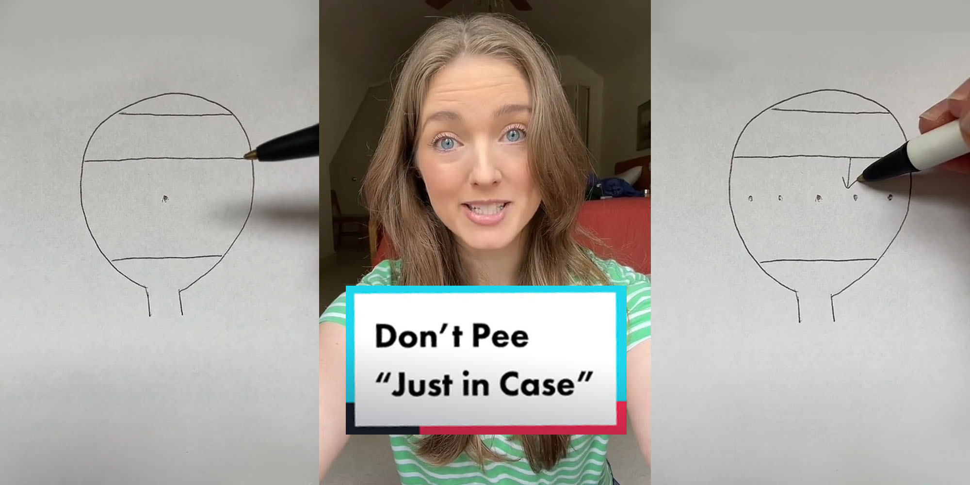 simple drawing of bladder layered into three parts, pen lifting away from fresh drawn dot in center layer of drawing (l) Dr. Alicia Jeffery talking caption "Don't Pee "Just in Case" (c) simple drawing of bladder with multiple dots now in center layer, pen drawing down arrow from next layer up (r)