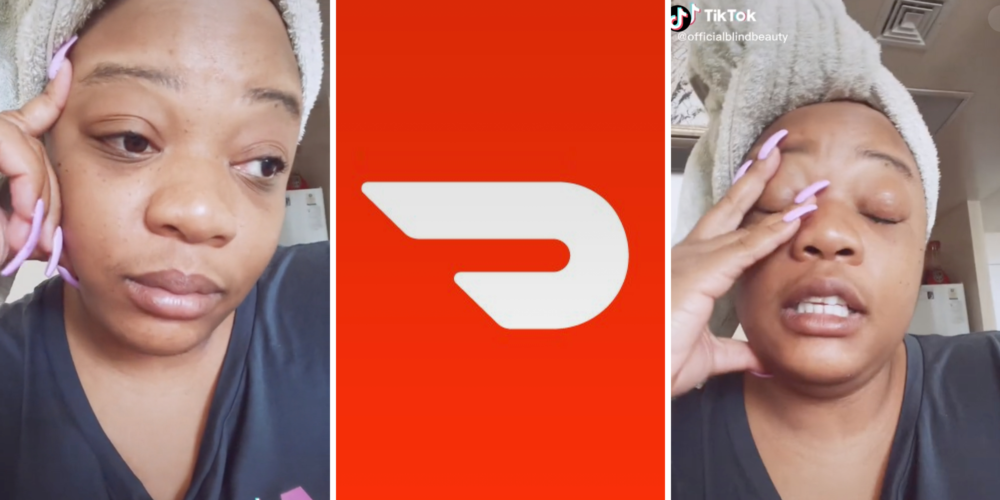 black woman looking dejected (l) doordash logo (c) woman holding head in hand (r)