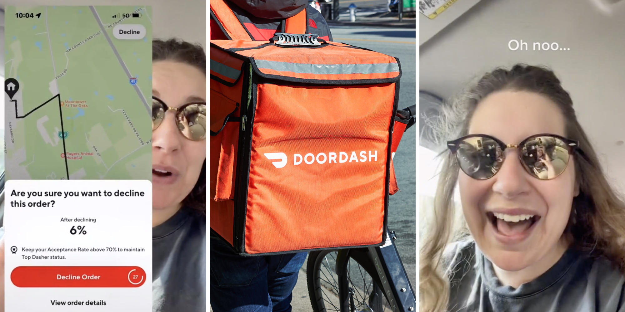 woman in sunglasses showing screenshot (l) doordash bag (c) woman in shades laughing (r)
