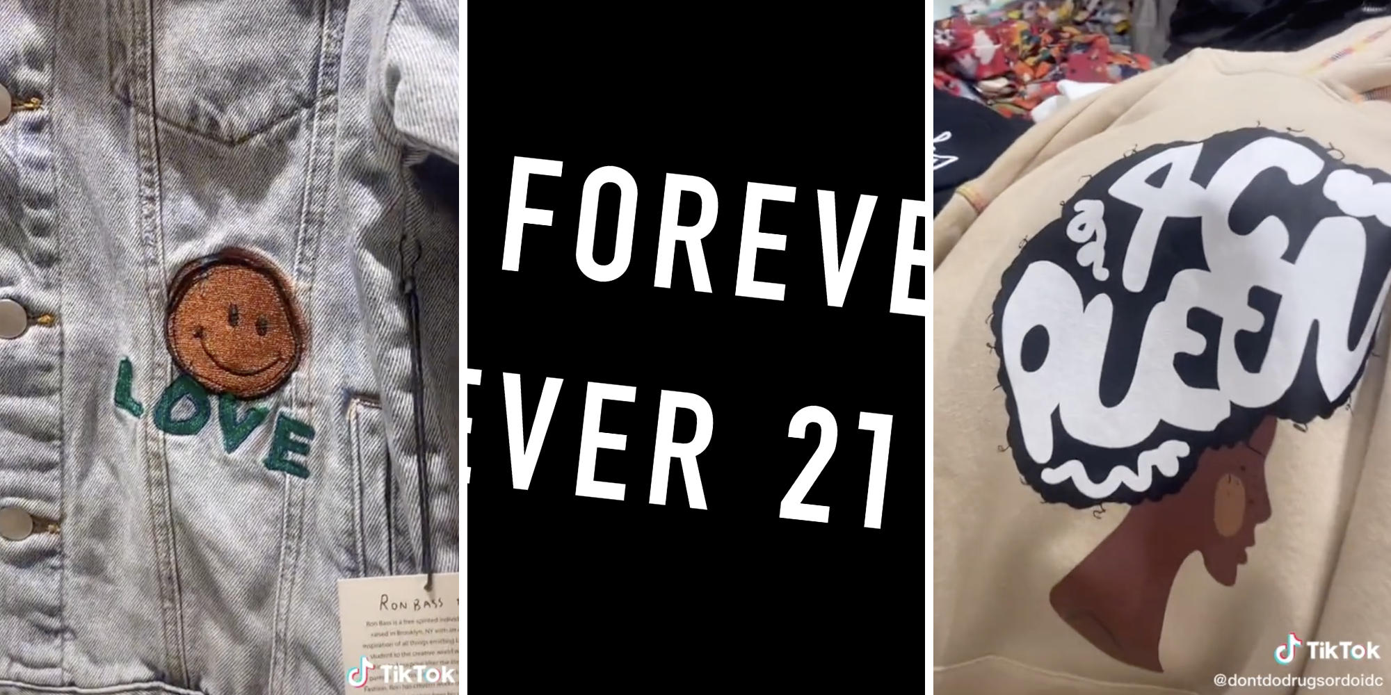 shirt with a brown smily face logo on it (l) forever 21 logo (c) sweater with a logo of an afro on it (r)