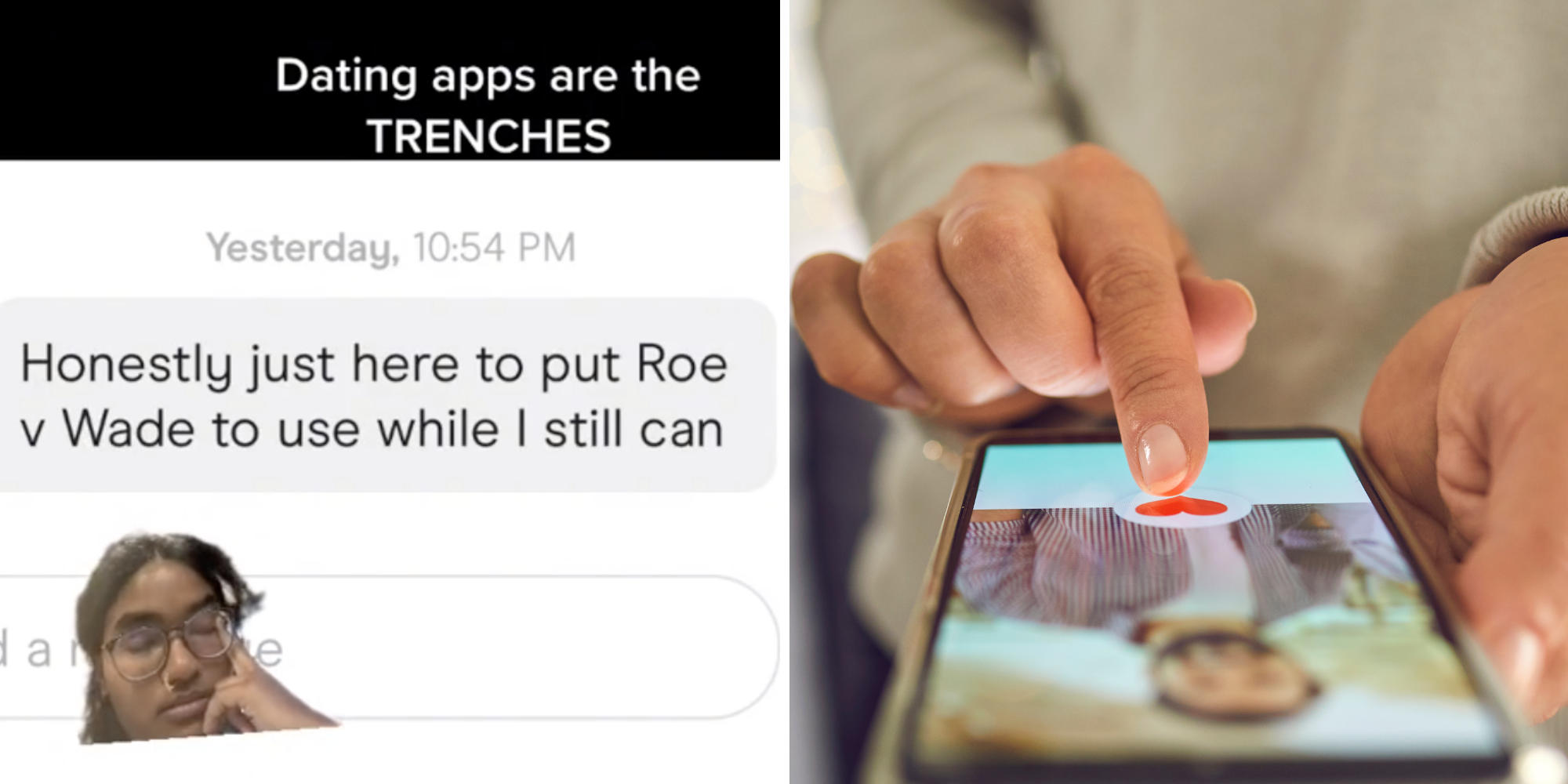 screenshot of dating app (l) person on smartphone (r)