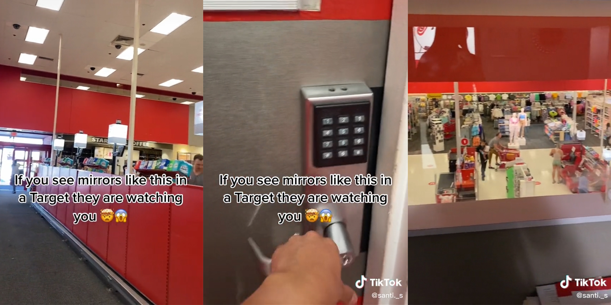 Target checkout with caption "if you see mirrors like this in a Target they are watching you" (l) hand on electronic lock handle (c) shoppers at checkout as seen from above (r)