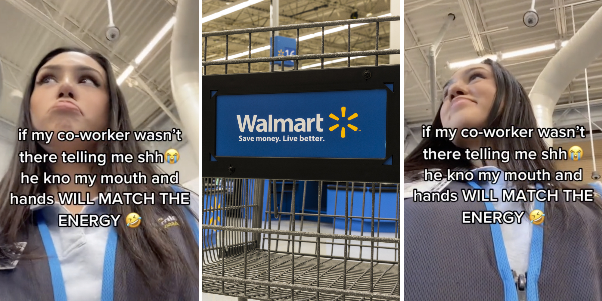 woman looking off screen (l) (r) walmart shopping cart (m)