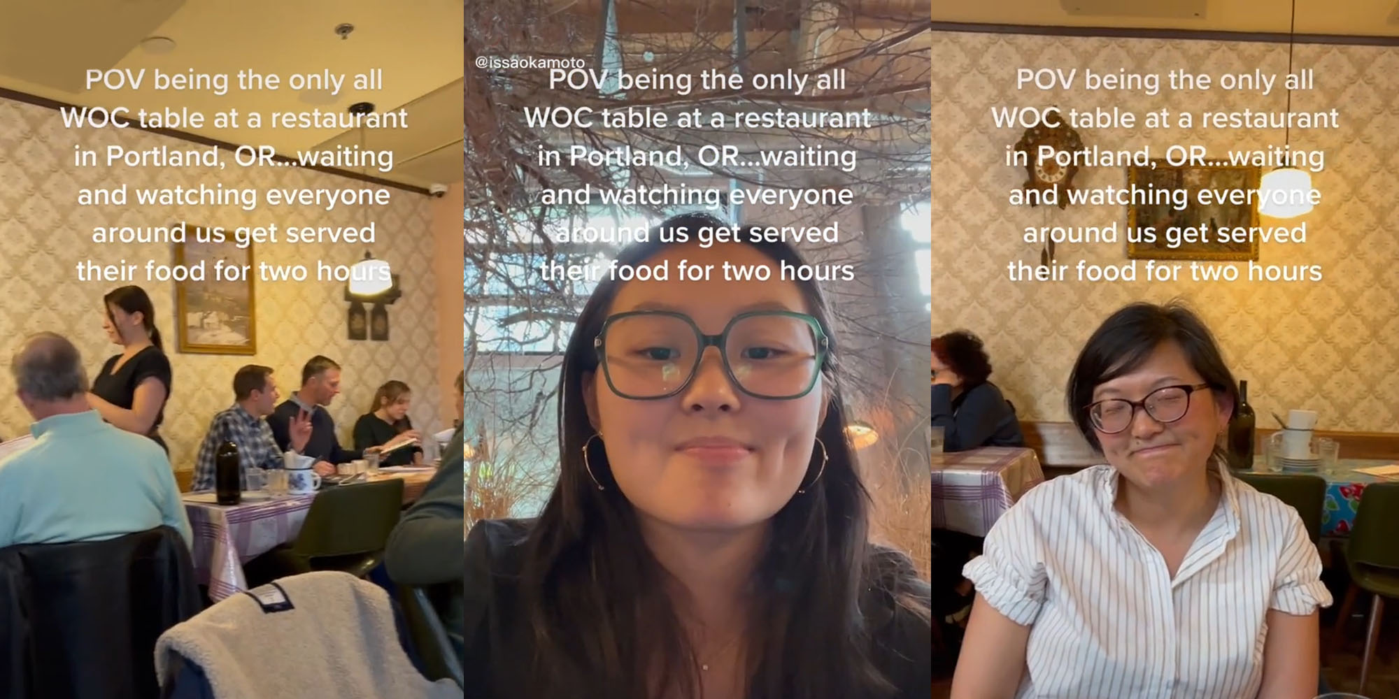 restaurant with people eating at tables caption "POV being the only all WOC table at a restaurant in Portland, OR... waiting and watching everyone around us get served their food for two hours"(l) woman face nature behind her caption "POV being the only all WOC table at a restaurant in Portland, OR... waiting and watching everyone around us get served their food for two hours" (c) woman sitting in chair at restaurant caption "POV being the only all WOC table at a restaurant in Portland, OR... waiting and watching everyone around us get served their food for two hours" (r)