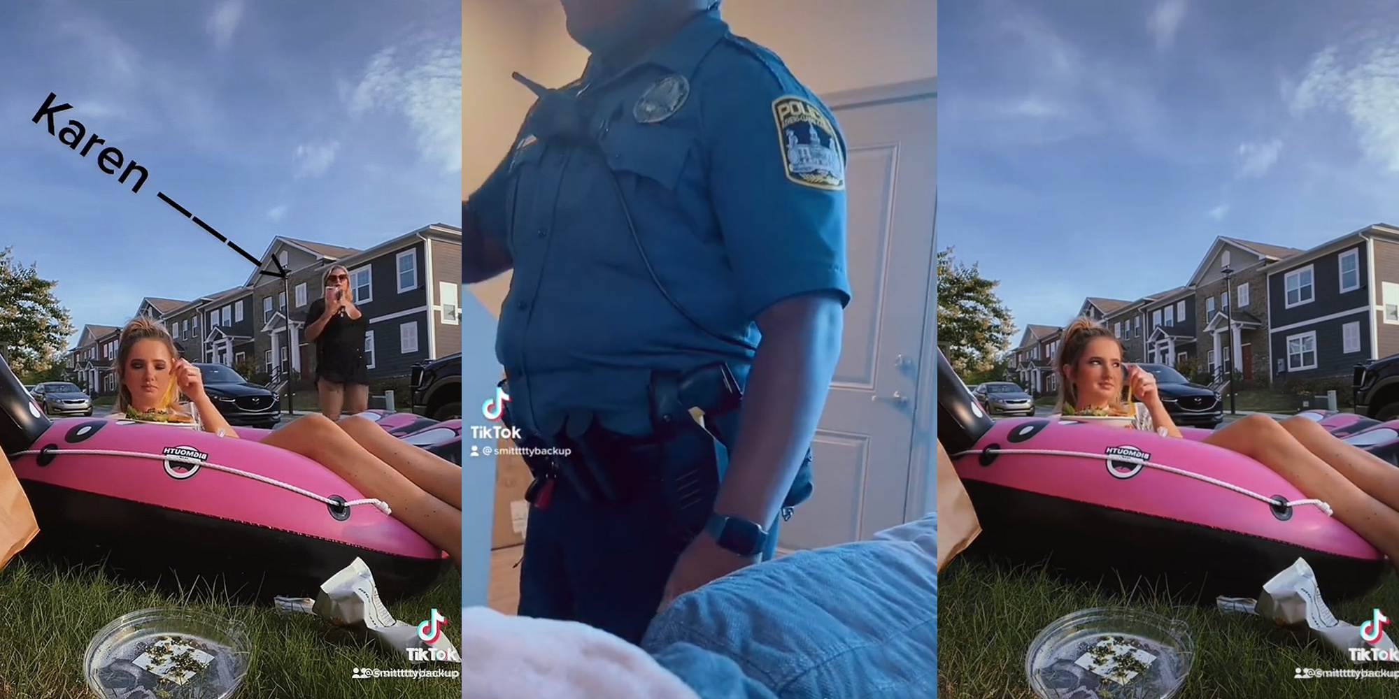 woman eating in pool floaty outside on lawn woman walking beside her recording on phone with caption "Karen (arrow pointing to recording woman) (l) police officer in house talking to woman (c) woman in pool floaty eating on lawn looking at woman who was recording her (r)
