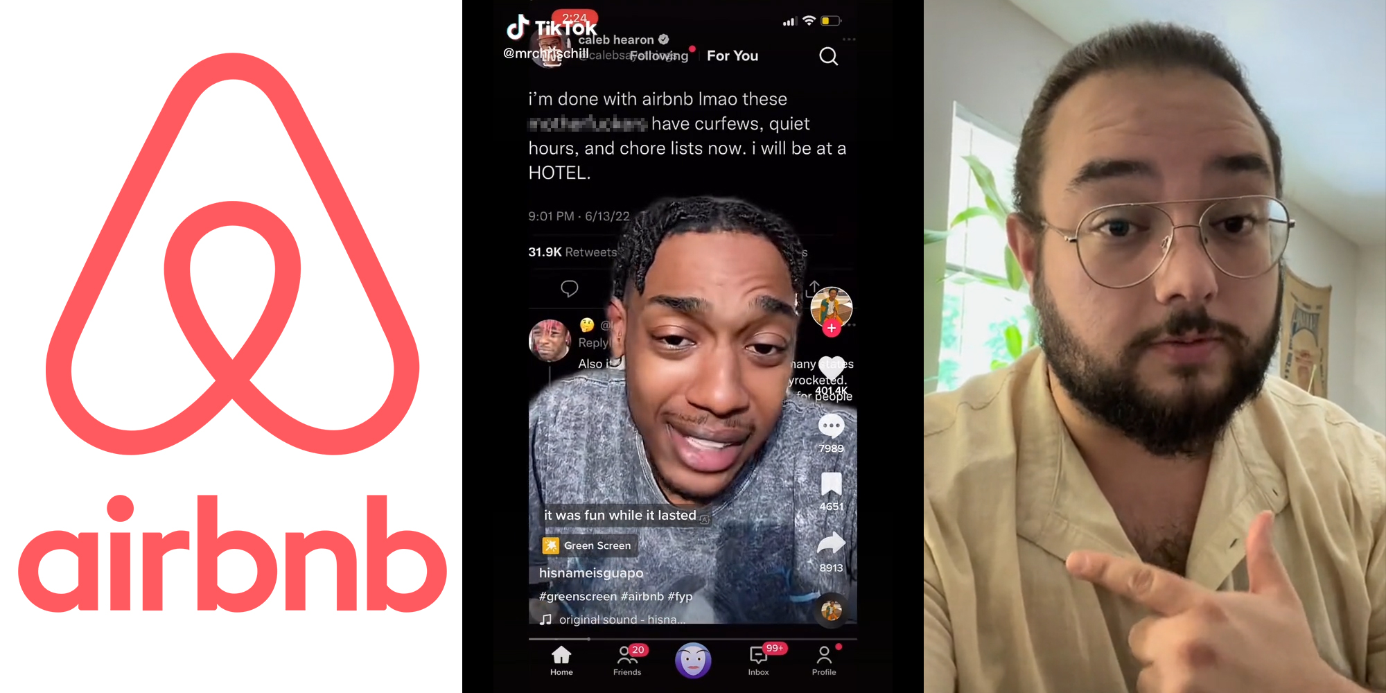 airbnb logo (l) man with caption "I'm done with airbnb lmao these motherfuckers have curfews, quiet hours, and chore lists now. I will be at a HOTEL." (c) man pointing to the left (r)