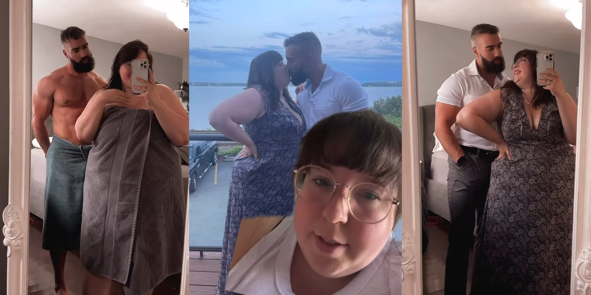 couple in towels (l) woman inset over couple kissing on dock (c) couple dressed in bedroom (r)