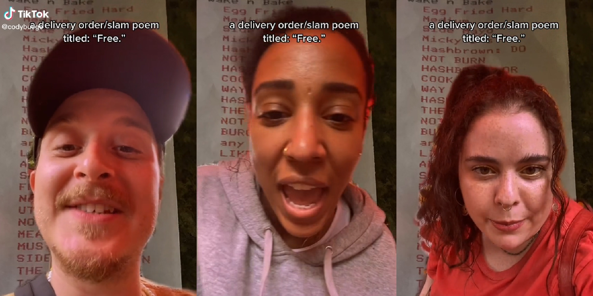 servers speaking over long receipt background with caption "a delivery order/slam poem titled: 'Free.'"