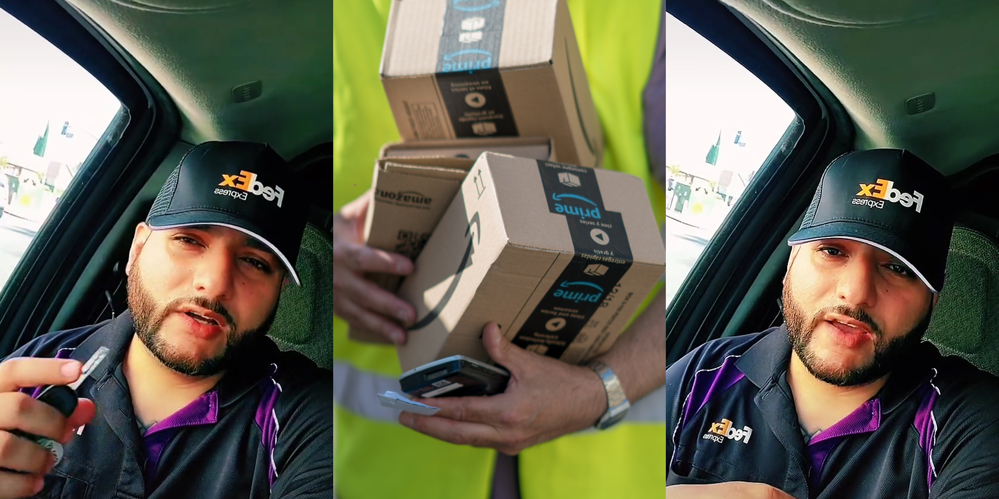 FedEx employee in car speaking hand up (l) Amazon employee delivering packages holding 4 boxes and scanner (c) FedEx employee in car speaking (r)