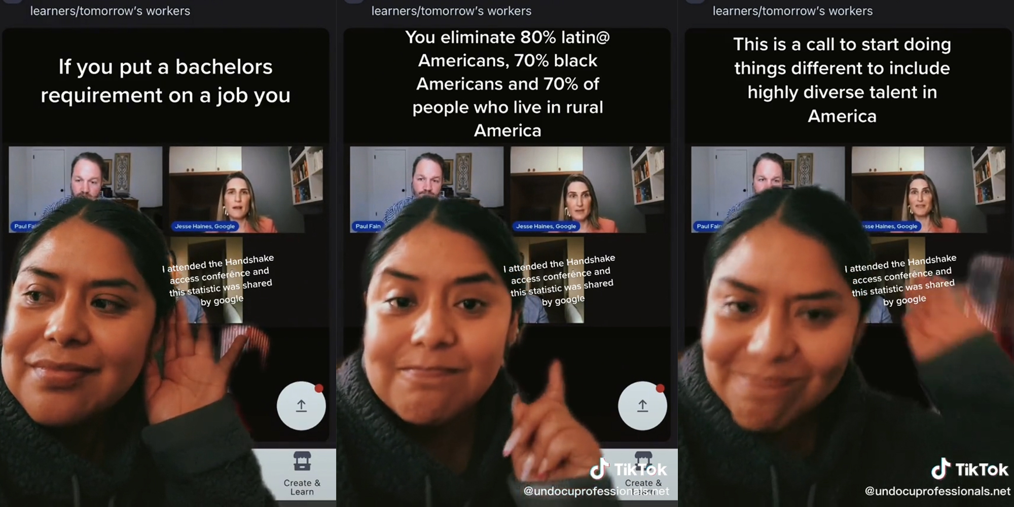 woman in front of conference call background with caption "If you put a bachelors requirement on a job you eliminate 80% latin@ Americans, 70% black Americans and 70% of people who live in rural America"