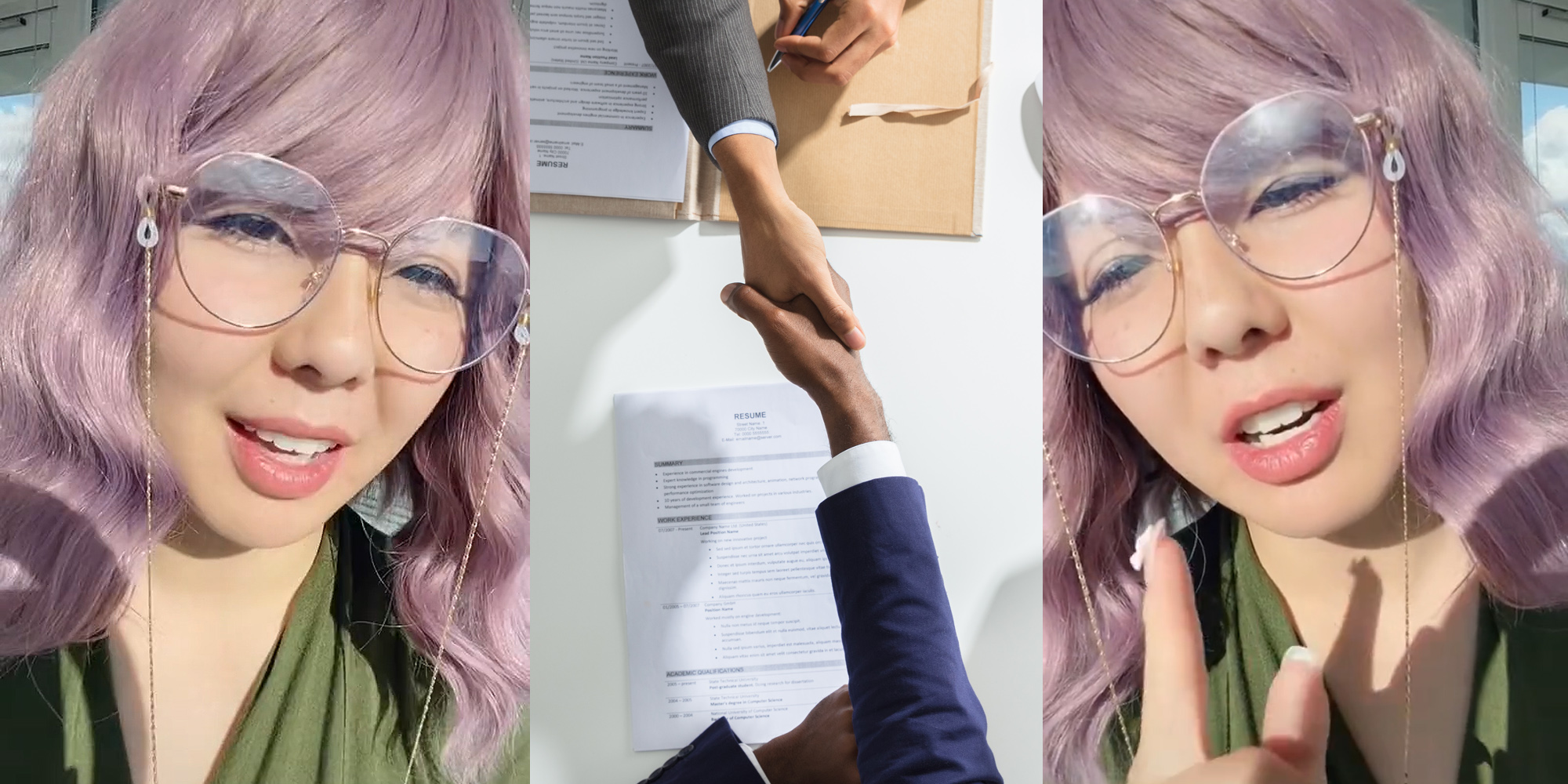 recruiter speaking (l) top down angle people businessperson shaking hand with other business person over white table (c) recruiter speaking finger pointed up (r)