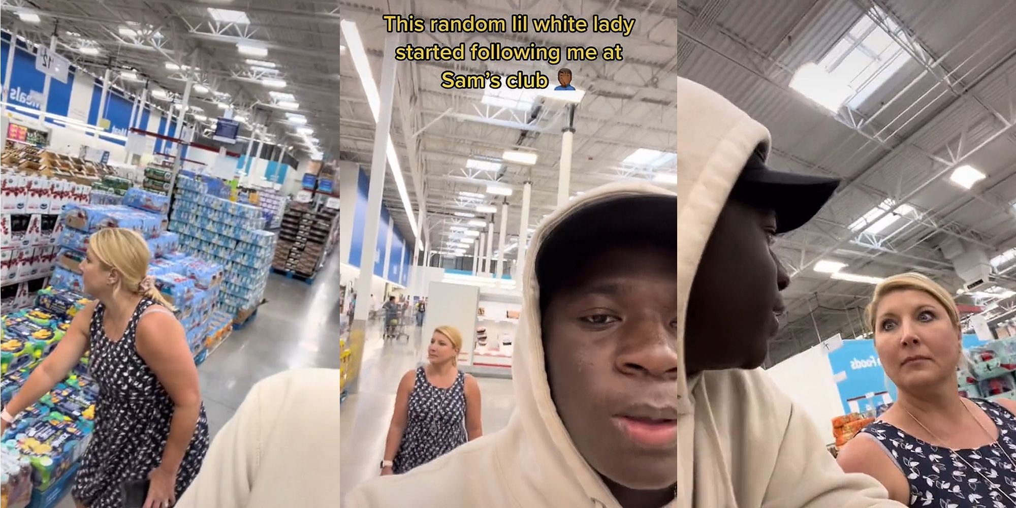 woman crouched at store grabbing drinks (l) woman behind man in store caption "This random lil white lady started following me at Sam's club" (c) Man turned to woman speaking woman making sour face in store (r)