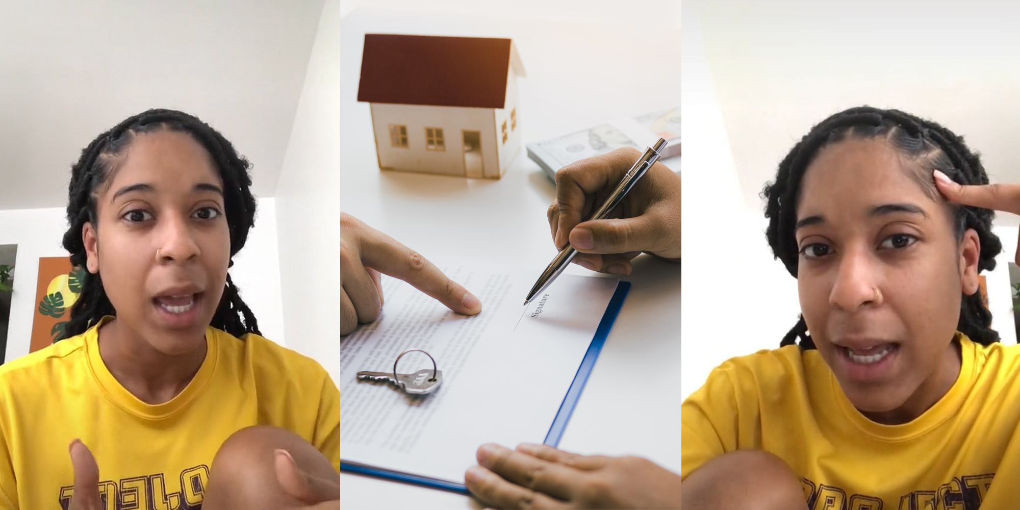 woman speaking hands moving (l) people looking over contract on white table with house toy and silver keys (c) woman speaking finger on head(r)