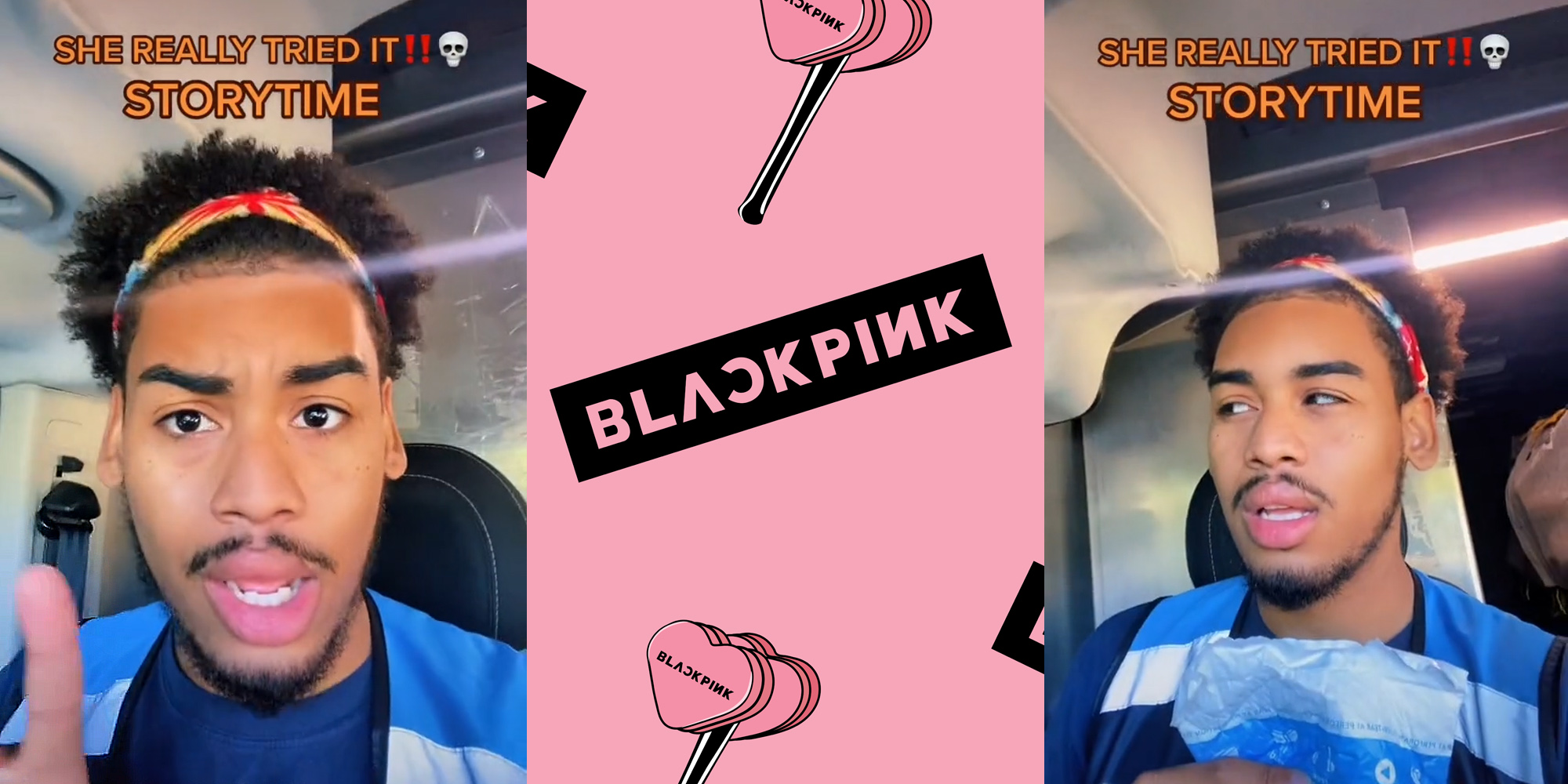 Amazon delivery driver finger up speaking in car caption "SHE REALLY TRIED IT!! STORYTIME" (l) Blackpink kpop pattern Blackpink logo with lollipops pink (c) Amazon delivery driver making annoyed face speaking caption "SHE REALLY TRIED IT!! STORYTIME" (r)