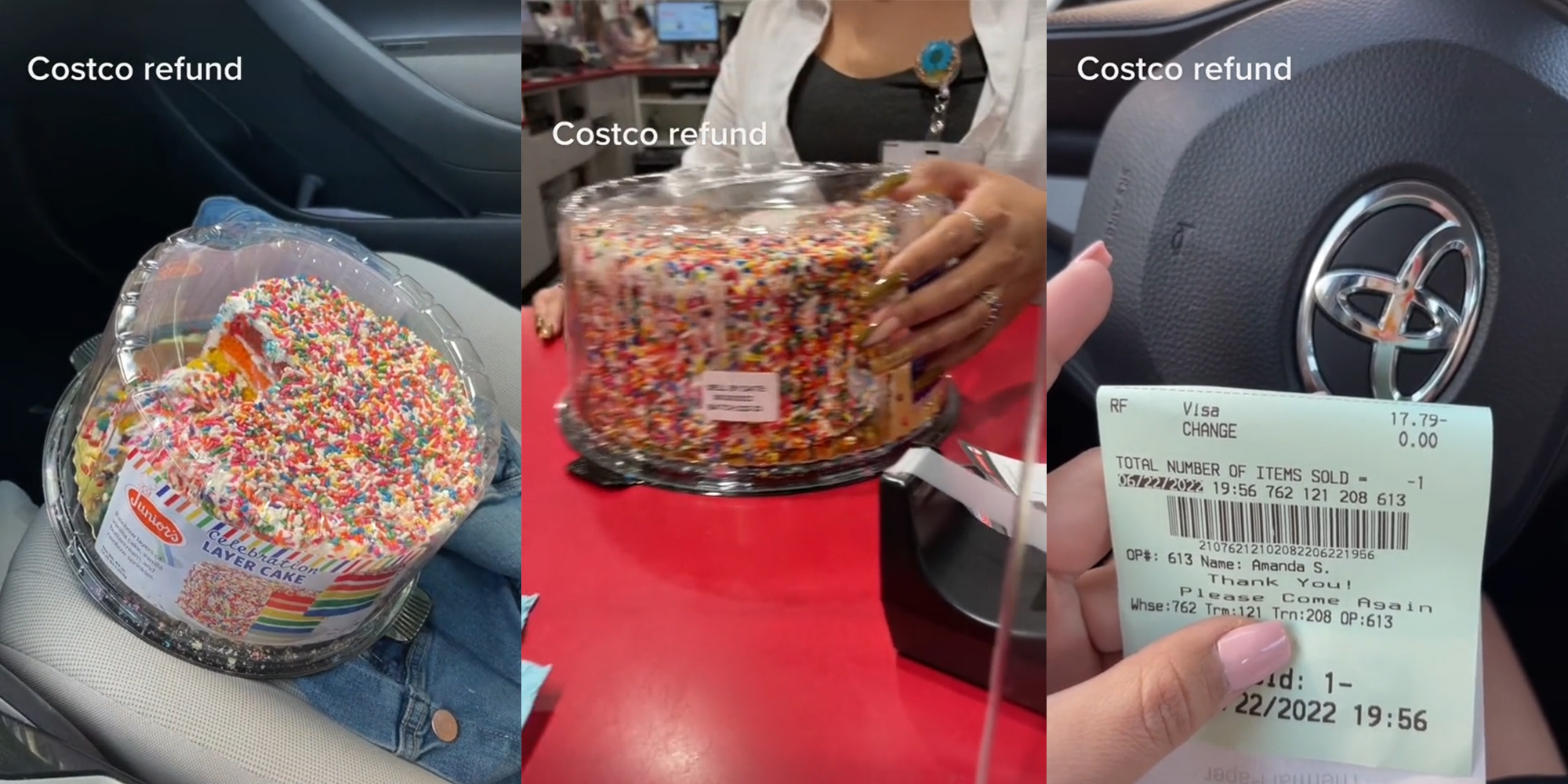 cake in car (l) cake being returned (c) hand holding receipt (r) all with caption "Costco refund"