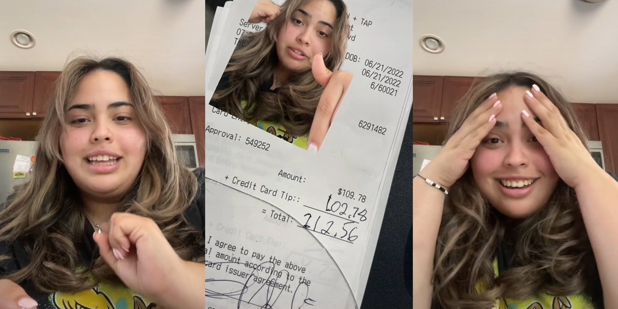 young woman (l&r) restaurant bill with tip and total writing that appears to have been altered (c)