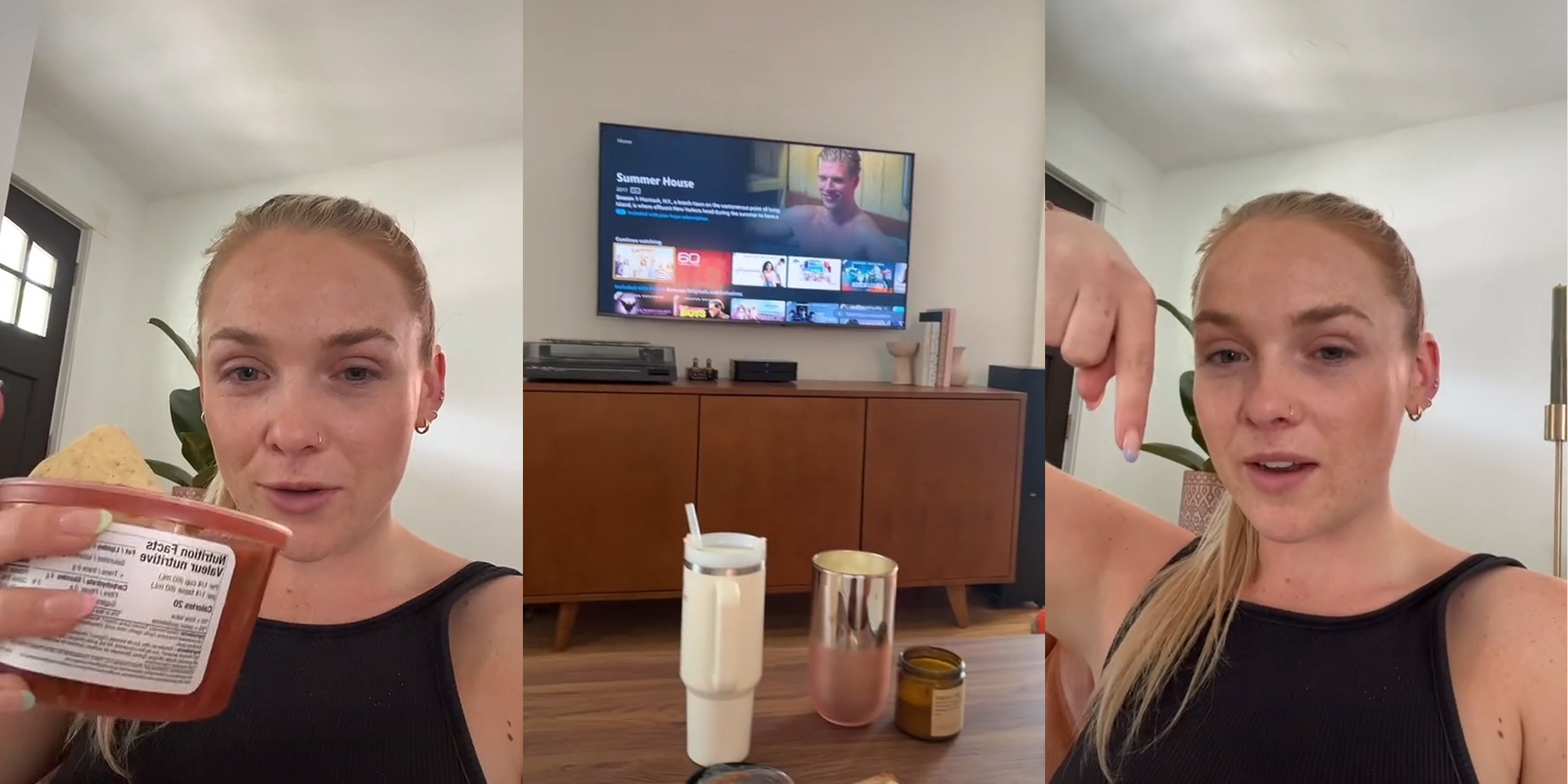 woman sitting on couch holding salsa with chip in it speaking (l) TV on streaming app coffee table with drinks on it (c) woman speaking pointing down (r)