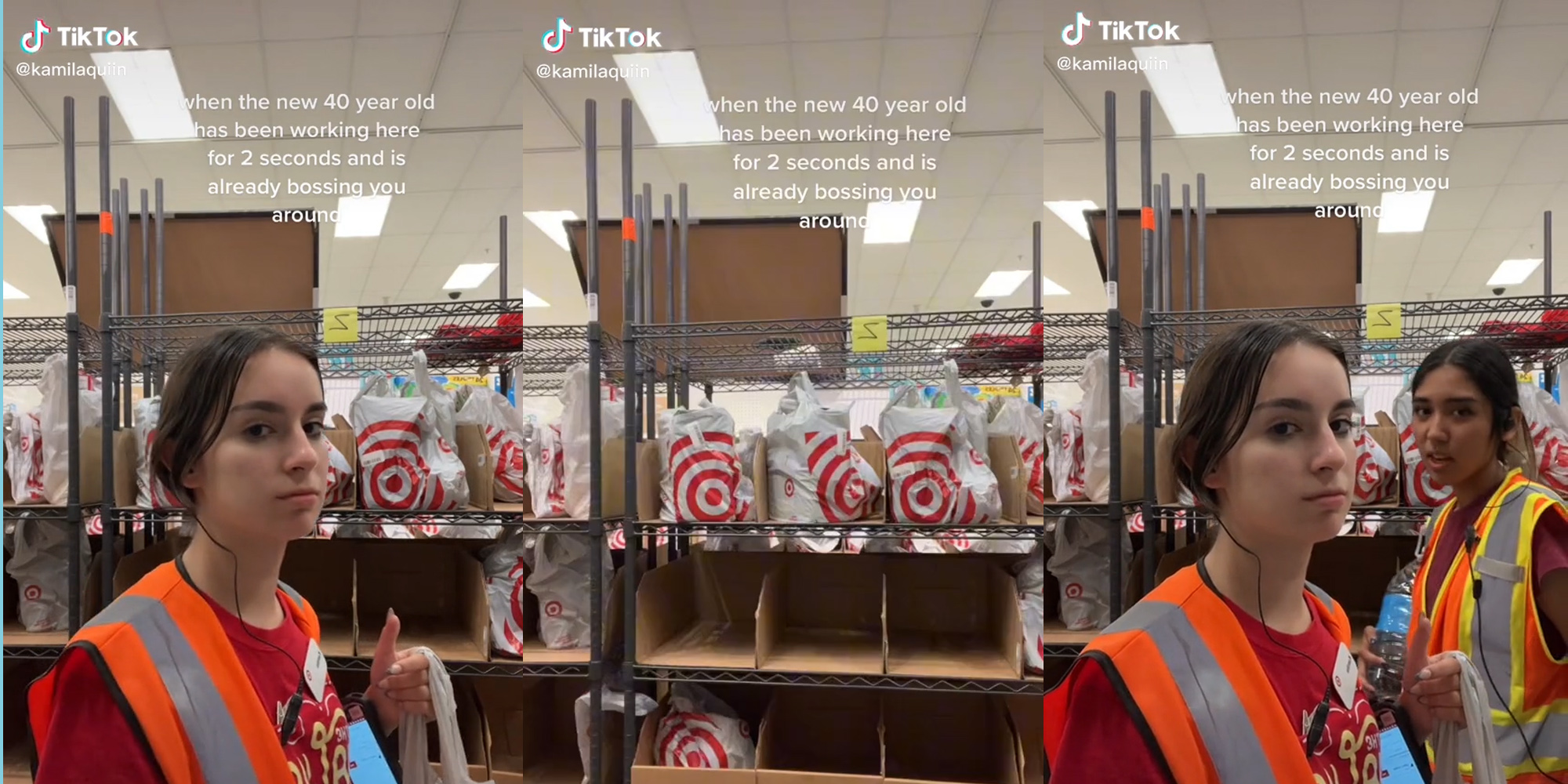 Target Employee standing alone in stock room caption "when the 40 year old has been working here for 2 seconds and is already bossing you around" (l) Target stock room worker gone caption "when the 40 year old has been working here for 2 seconds and is already bossing you around" (c) Two Target employees standing in stock room caption "when the 40 year old has been working here for 2 seconds and is already bossing you around" (r)