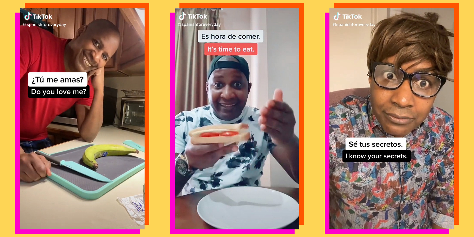 man with spanish to english translations of phrases on tiktok videos (l to r) "Tu me amas? Do you love me?" man with plantain and cutting board, "Es hora de comer. It's time to eat." man with sandwich and plate, "Se tus secretos. I know your secrets." man in wig with glasses