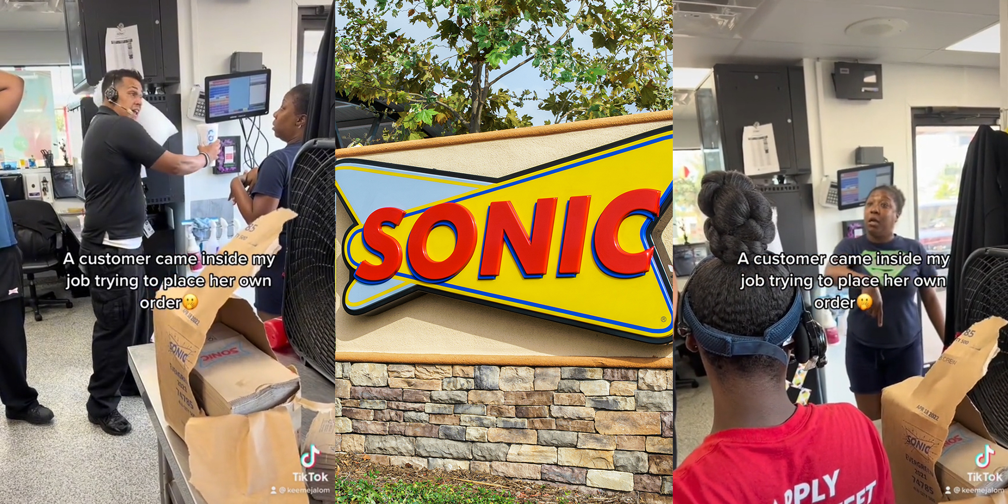 Manager talking to woman in restaurant back area (l) Sonic sign (c) Woman pointing at floor (r) with caption "A customer came inside my job trying to place her own order"