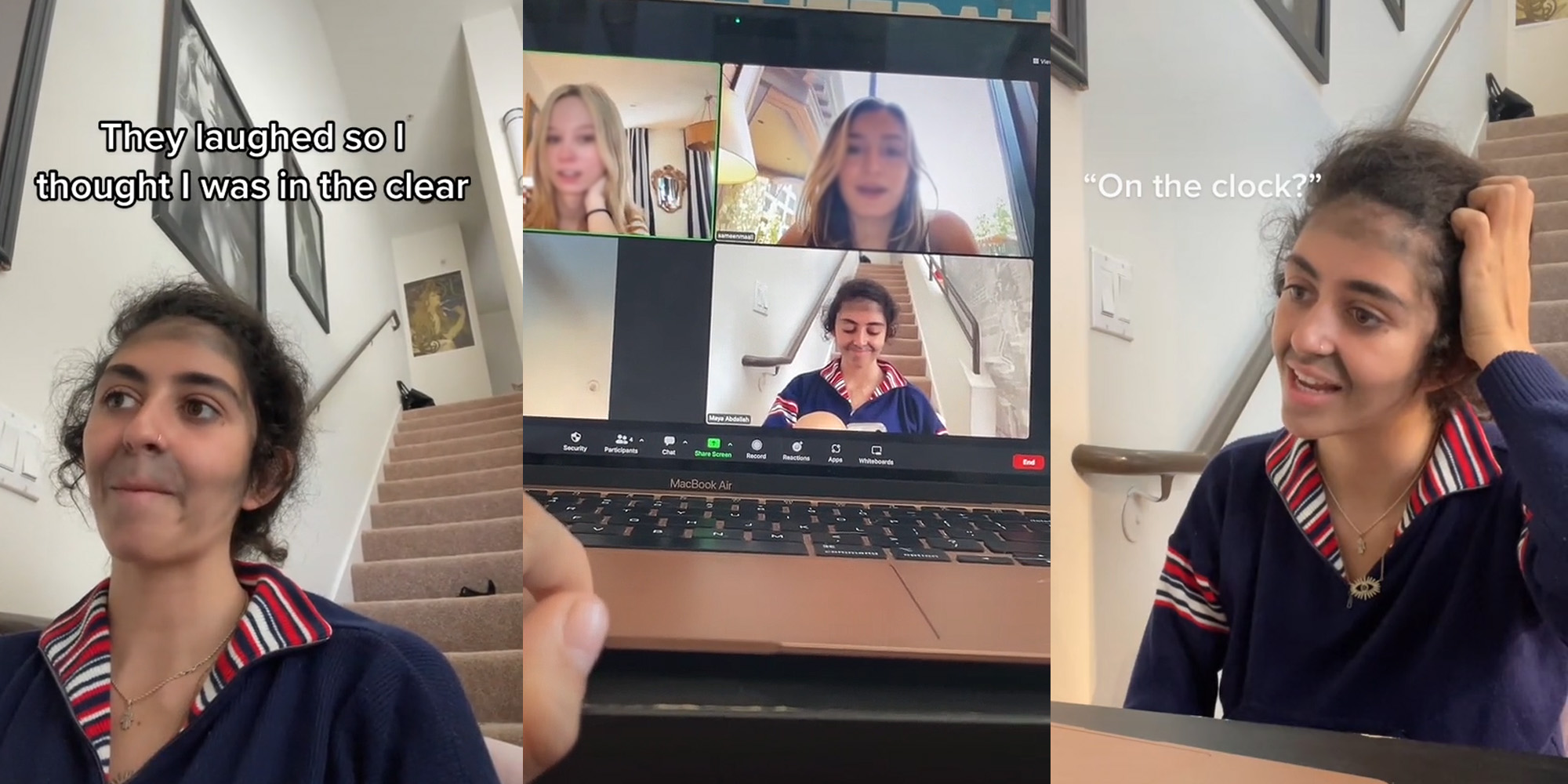 woman dressed as her father caption "They laughed so I thought I was in the clear" (l) Zoom work meeting facecams woman laughing at dressed up coworker (c) woman dressed as her father scratching head caption "On the clock?" (r)