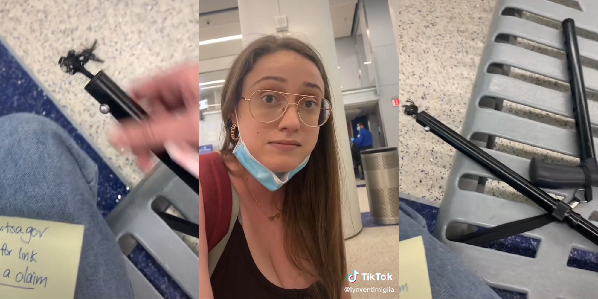 hand holding broken cane (l) young woman in airport (c) broken cane on bench (r)