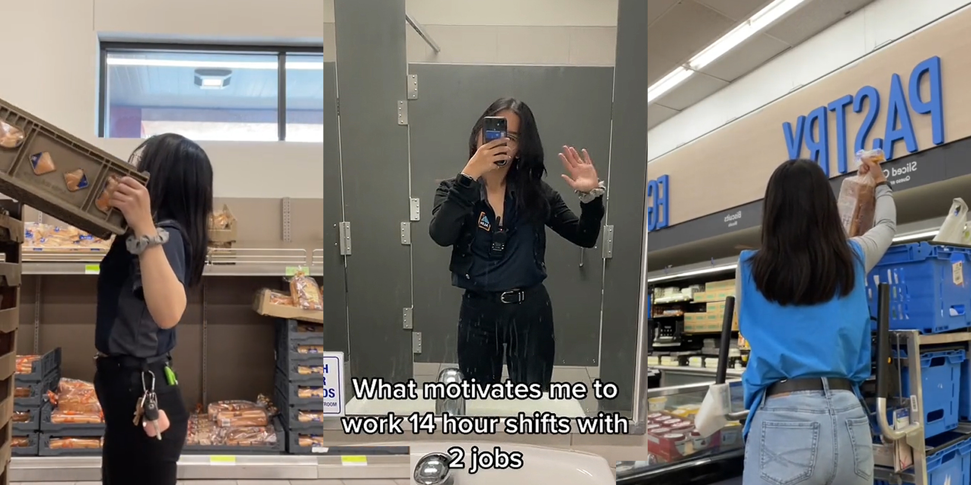 Worker lifting crate of bread (l) woman posing in mirror arm up waving caption "What motivates me to work 14 hour shifts with 2 jobs" (c) Walmart worker holding bread (r)