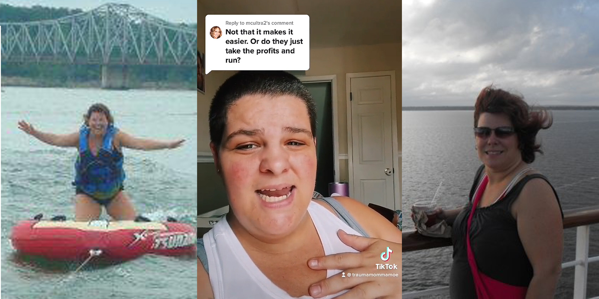 woman on tube on water arms out (l) woman speaking hand on chest caption "Not that it makes it easier. Or do they just take profits and run?" (c) woman on boat smiling holding cup (r)