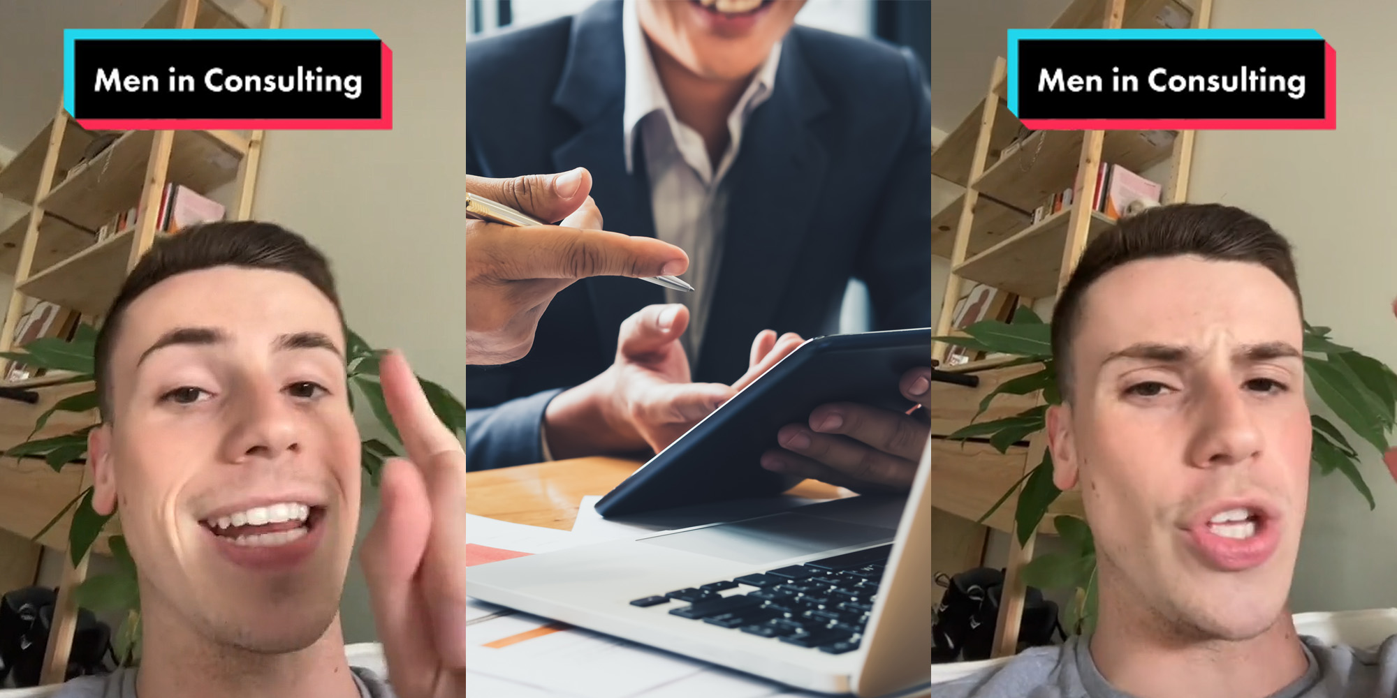 man speaking finger up caption "Men in Consulting" (L) consultant speaking to business man pointing to iPad (c) man speaking caption "Men in Consulting" (r)