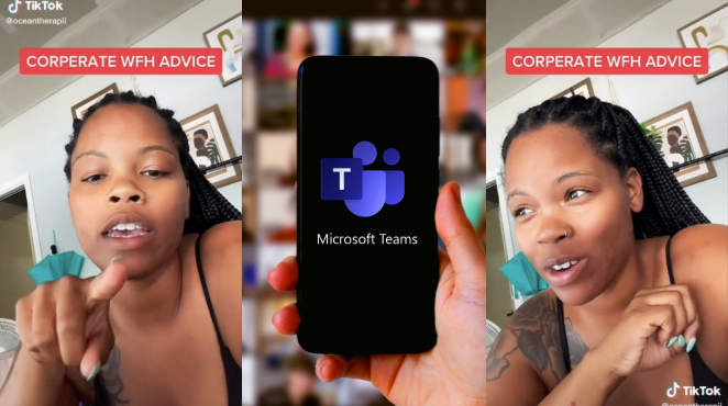 woman speaking pointing finger caption "CORPORATE WFH ADVICE" (l) hand holding Microsoft Teams on phone in front of meeting (c)woman speaking caption "CORPORATE WFH ADVICE" (r)