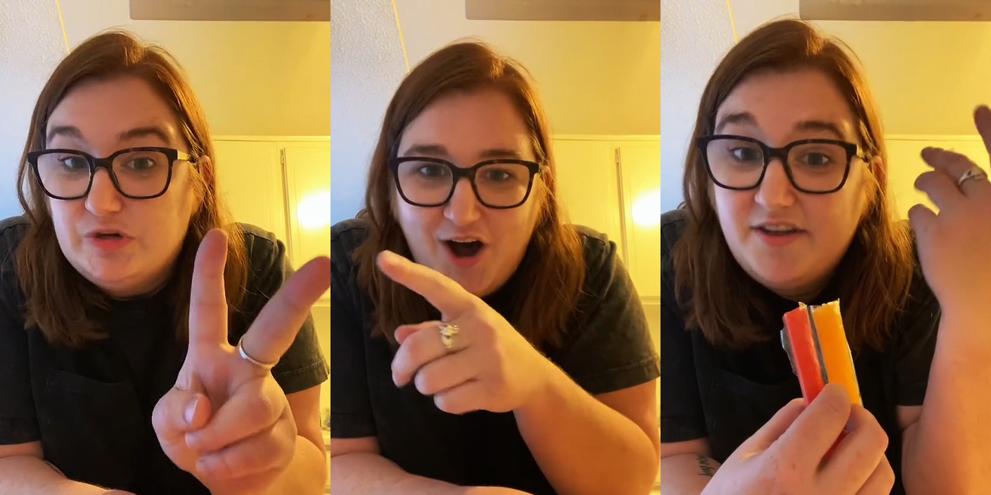 woman speaking holding two fingers up in front of yellow walls (l) woman speaking pointing left in front of yellow walls (c) woman speaking hand up in front of yellow walls (r)
