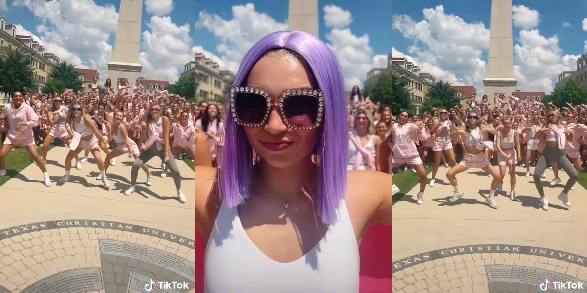 young women dancing (l&r) young woman in purple wig with sunglasses and cape (c)